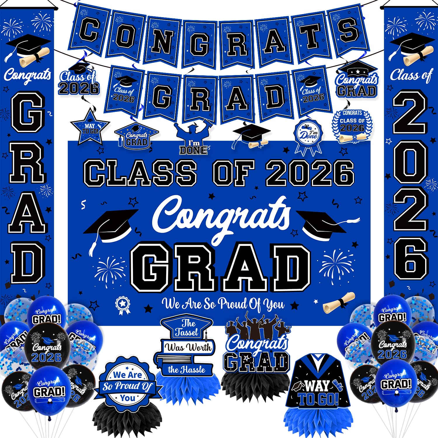 Graduation Decorations Class of 2026 Blue Party Decor Set include Congrats Grad Banner Graduation Backdrop Class of 2026 Balloons Party Supplies