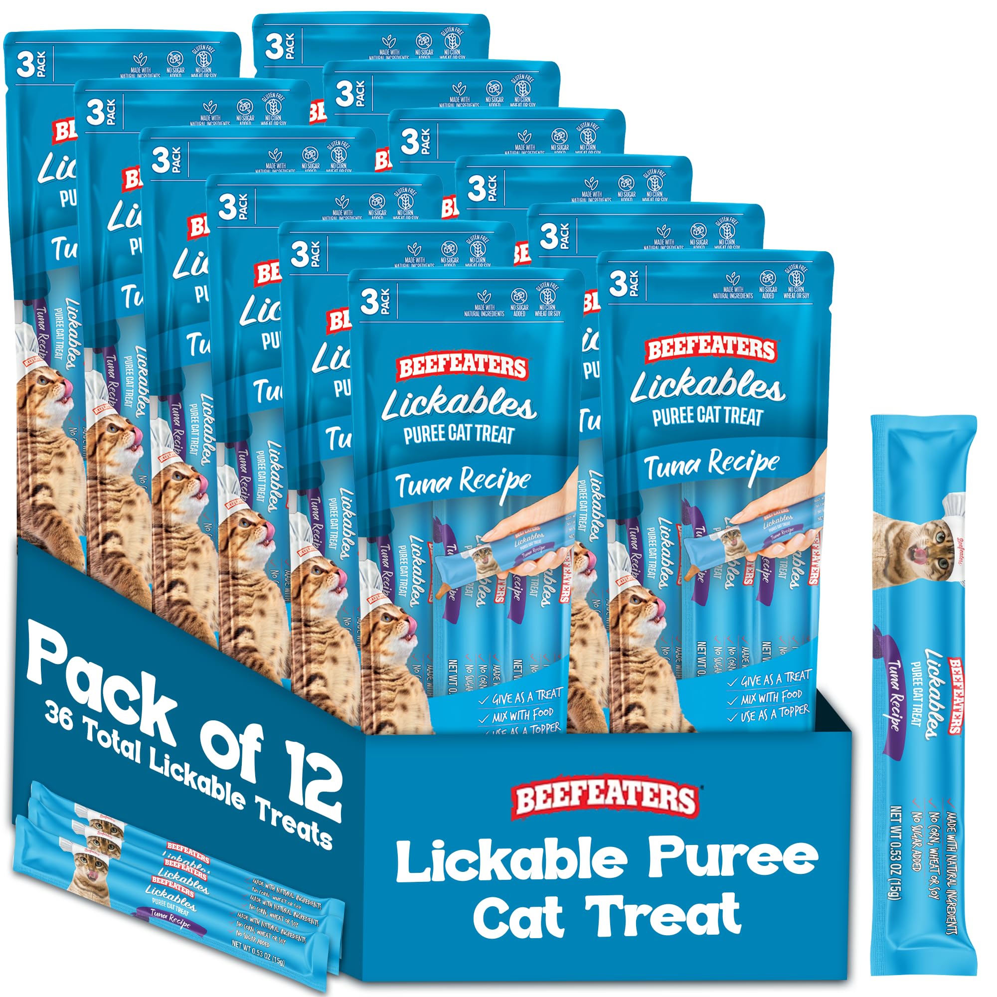Beefeaters Tuna Pure Cat Treats 1.59oz (12 Pack) | Lickable Squeeze Tube Treats, Grain-Free, No Added Sugar, Real Tuna, Taurine-Enriched, Ideal for