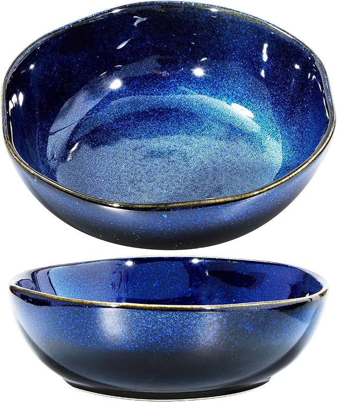 Patelai 2 Pieces 47 oz Ceramic Salad Bowls Noodles Ramen Bowls Set Porcelain Large Serving Dishwasher Microwave Safe Cold Heat Resistant for Soup Pasta Rice Salad Dark and Light Blue Glazed