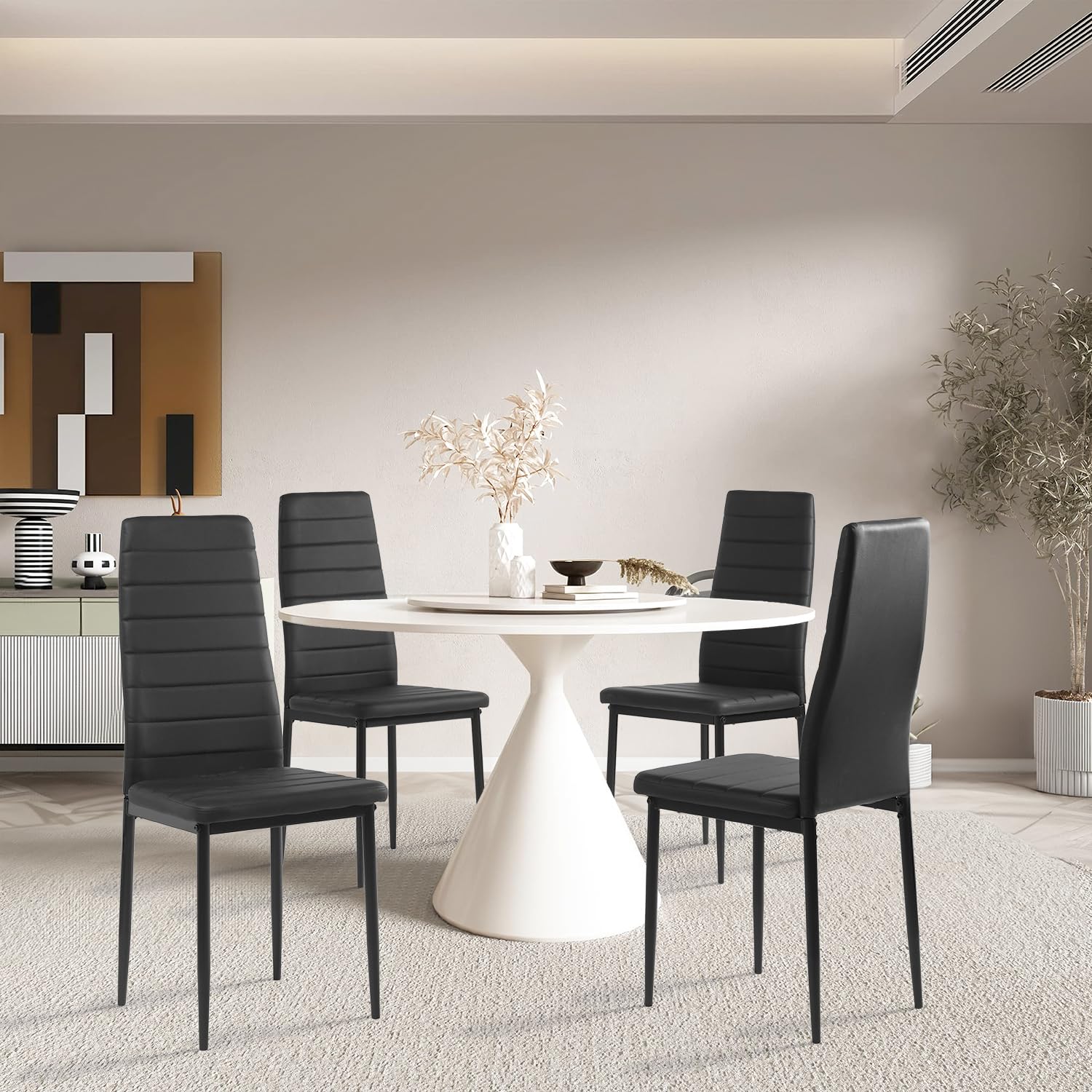 Lot de 4 Chaises de Salle à Manger, Chaise de Cuisine avec Coussin, Chaise Salle a Manger, Dossier Haut, Imperméable, Noir