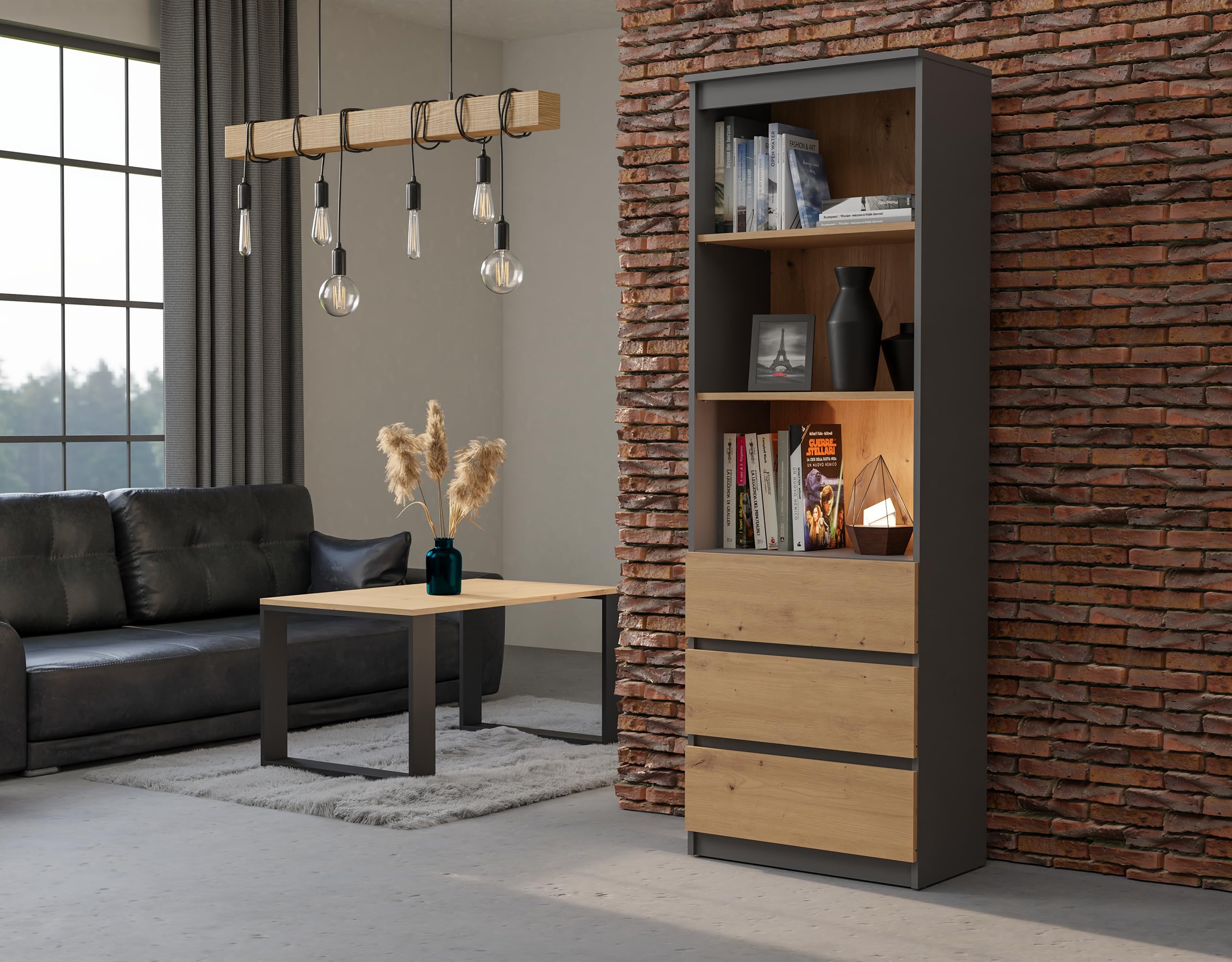 CDF Bücherregal RS-60 Olimp | Farbe: Anthrazit - Eiche Artisan| Für Wohnzimmer, Büro, Arbeitszimmer | Modern | Regal für Bücher und Spielzeug | Ideal für Kinderzimmer, Teenager, Jugendzimmer…