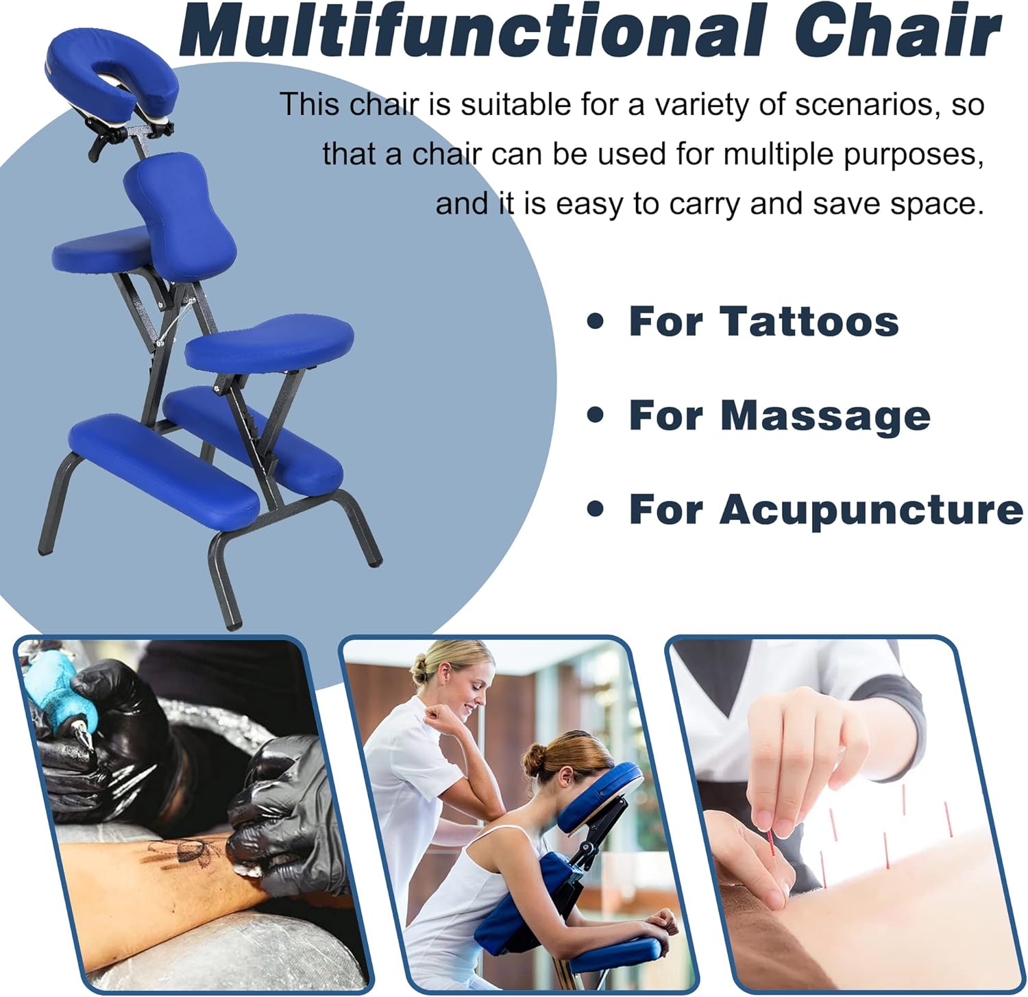 Portable Massage Chair for Tattoo and Spa Foldable Massage Therapy Chair with Adjustable Face Cradle High-Density Cushion Lightweight Design with Carrying Bag Ideal for Salon Use (Blue)