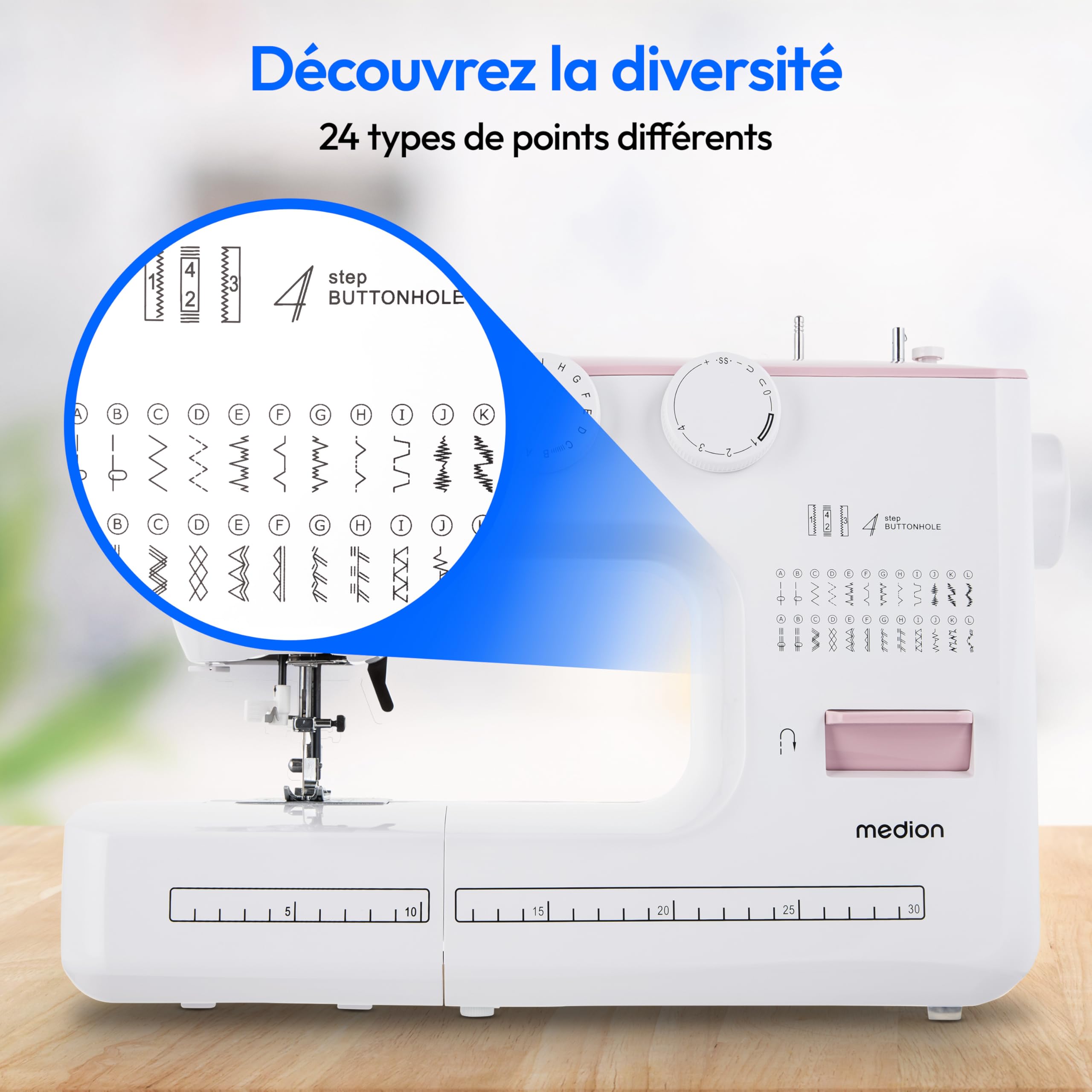 MEDION Machine à coudre bras libre SM60 (60 watts, 60 modèles de points différents avec boutonnières, lumière de couture LED, enfileur automatique, bouton de marche arrière, coupe-fil, MD10689) rose