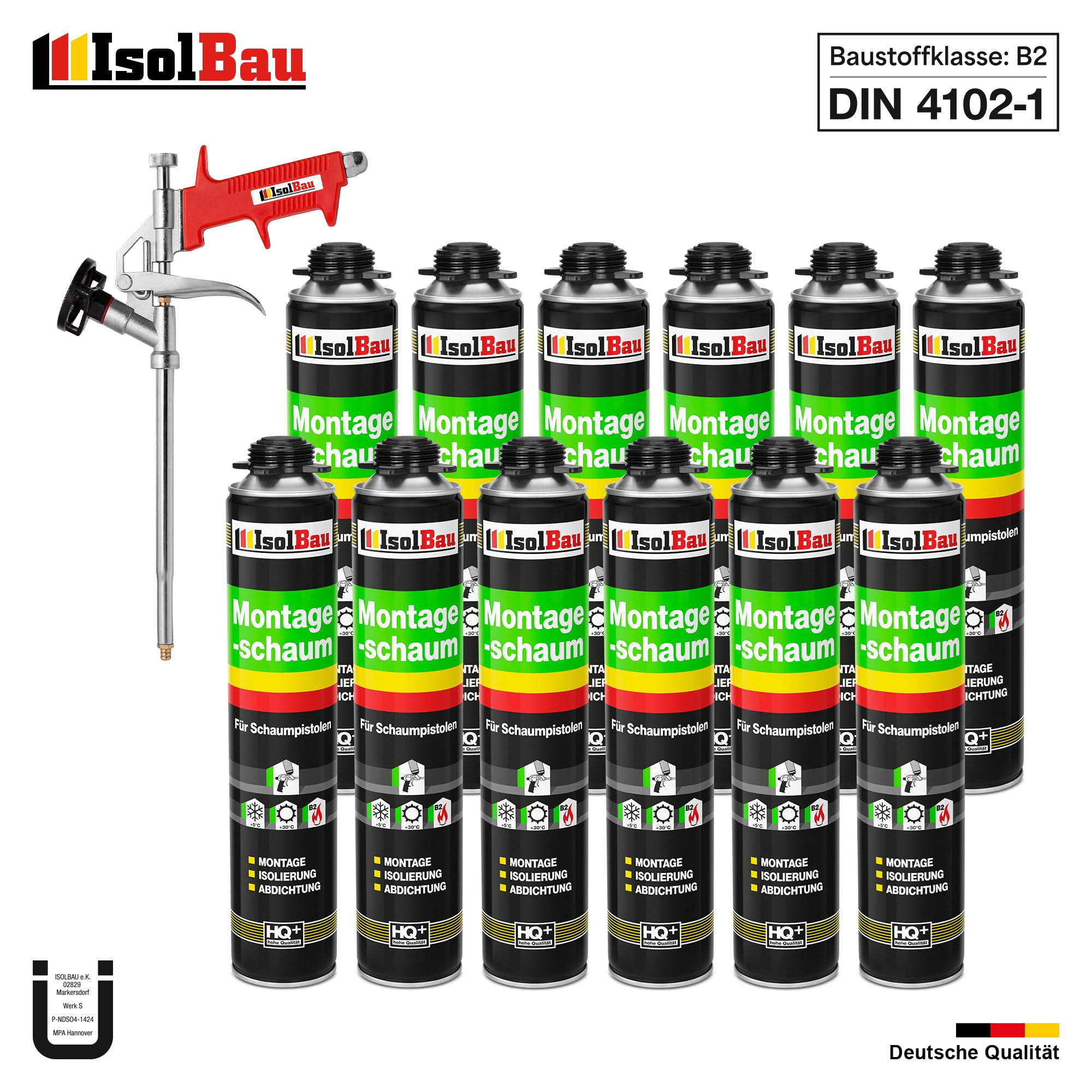 Isolbau Bauschaum-Set - Inkl. 12 x 1K Montageschaum B2 Pistolenschaum mit hervorragender Schall und Wärmedämmung (je 750 ml) & 1x Schaumpistole, Dämmen