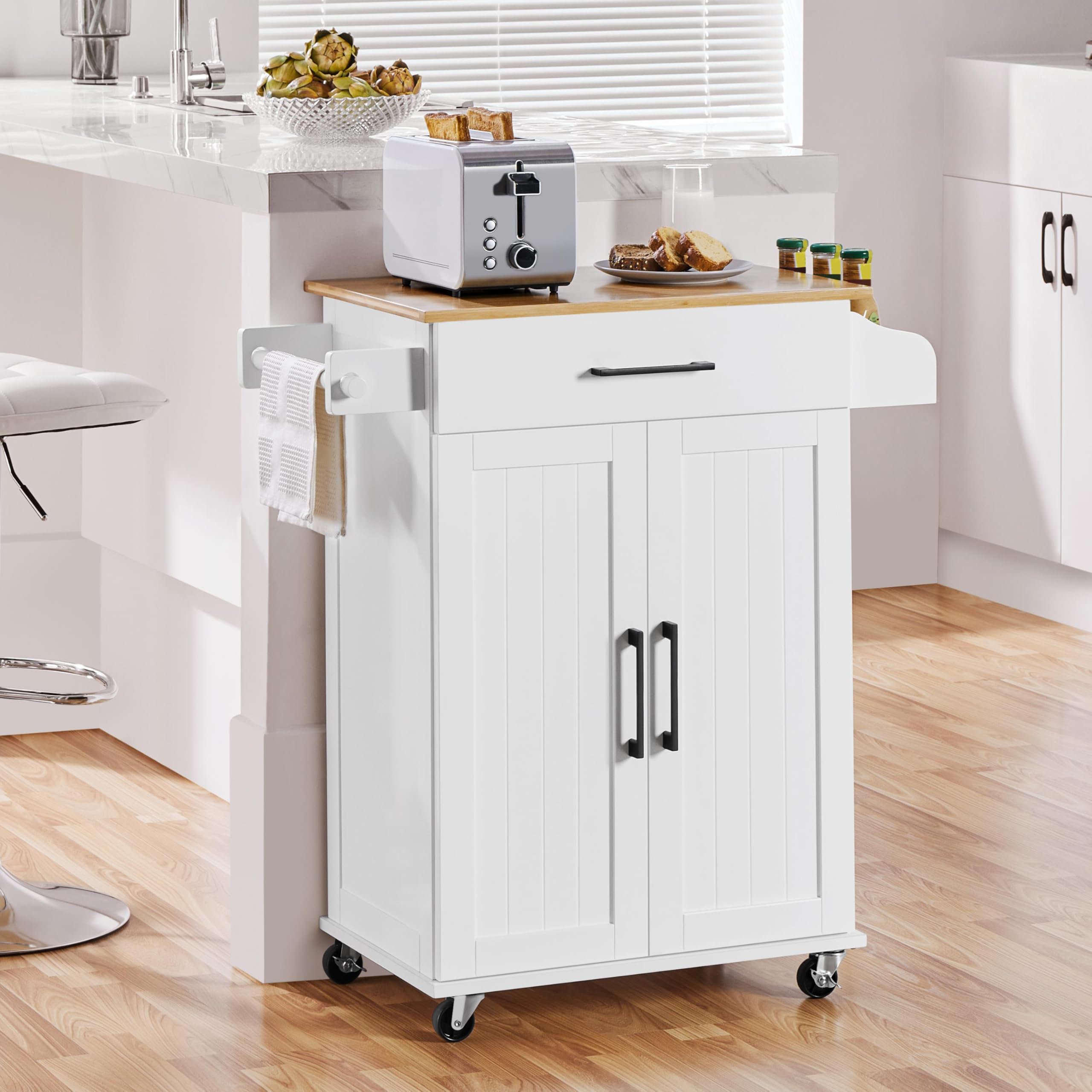 Yaheetech Carrello da Cucina con Ruote Credenza Salvaspazio per Microonde con Cassetto e 2 Ante per Cucina Dipensa o Bar 60 x 40 x 88,5 cm Bianco