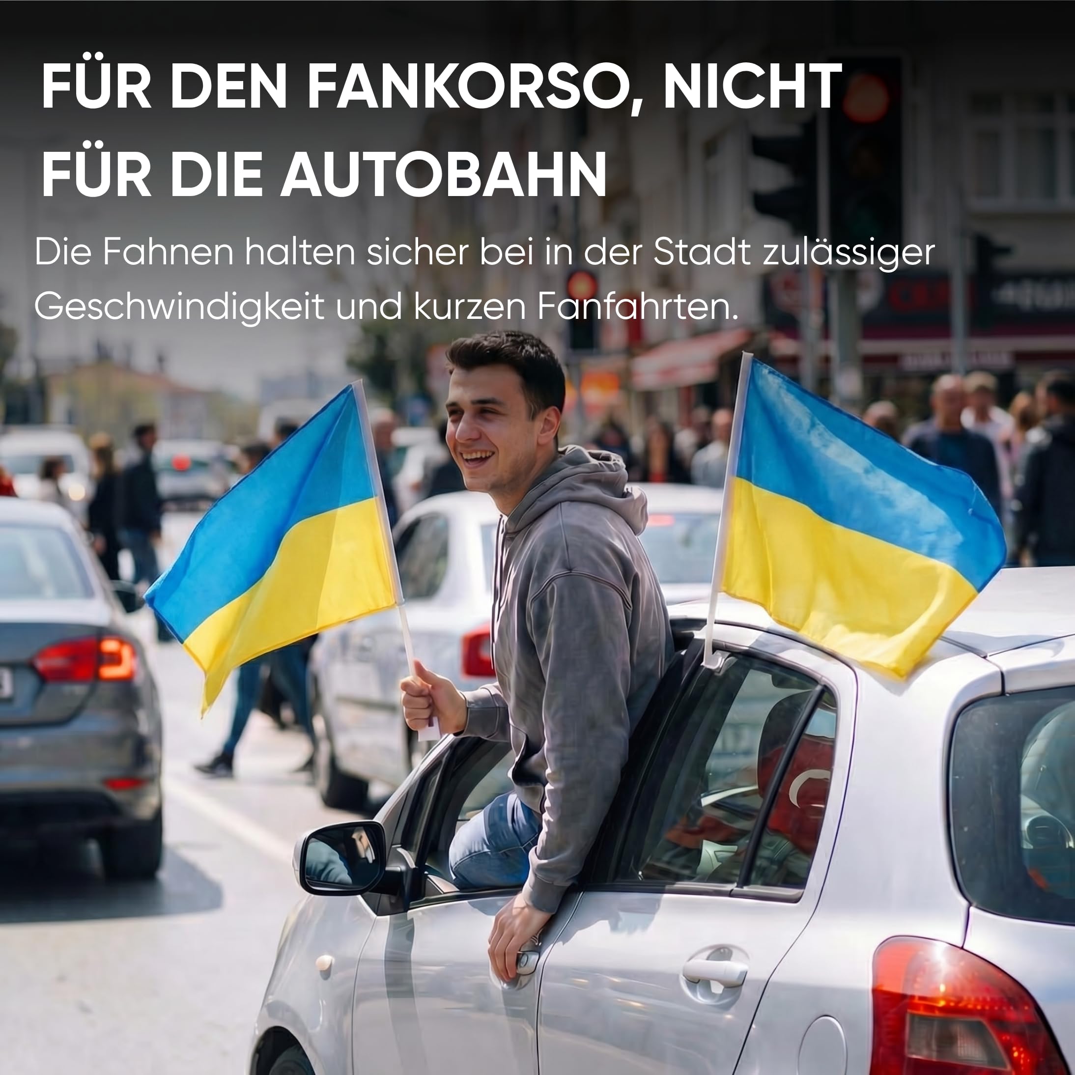 Auto Fahnen Ukraine Komplett Set - Motorhaubenfahne, 2 Autofahnen Fenster & 2 Außenspiegelfahnen, Fußball Fanartikel FZG für EM & WM, Ukrainische Flagge Fahrzeug Deko