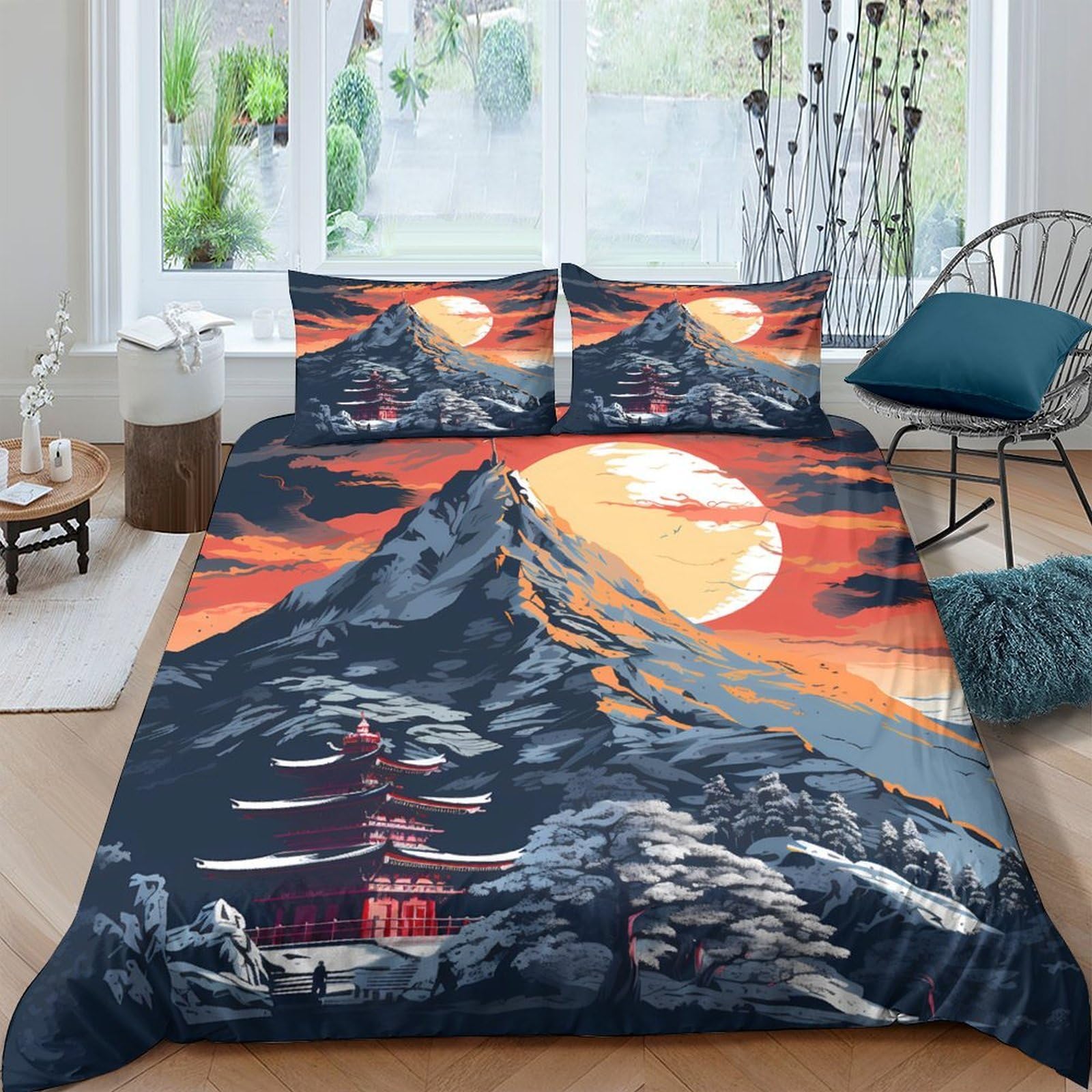 Ctjqhvkz Style-9 3D Printed Mount Fuji Sunset Fitted Sheet Microfiber Breathable Japanese Landscape Mattress Cover For Bedroom Decor Single（135X200cm）