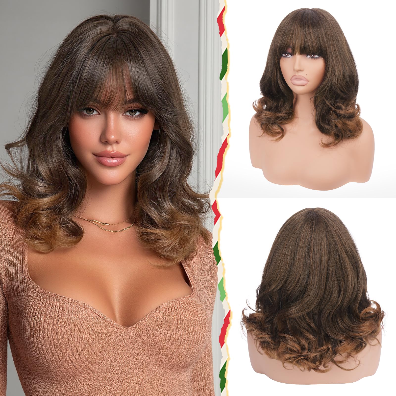 Photo 1 of Sidaila Wig with Bangs for Women | 16 Inch Layered Body Wave Synthetic Wig | Heat Resistant Yaki Fiber Natural Looking Shoulder Length Wigs | Synthetic Wig for Daily Wear - Auburn Mix Dark Brown