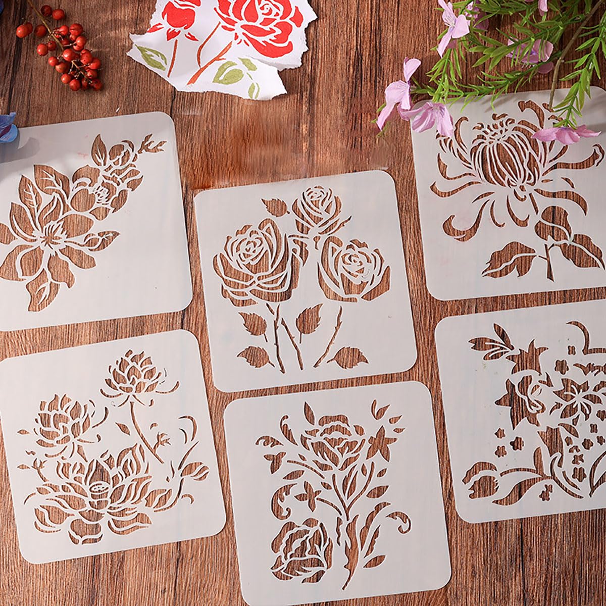 12PCS Flower Stencils, Rose Lotus and Tulip Pattern Wall Stencils for Painting, Floral Stencils for Crafts Reusable Drawing Aids