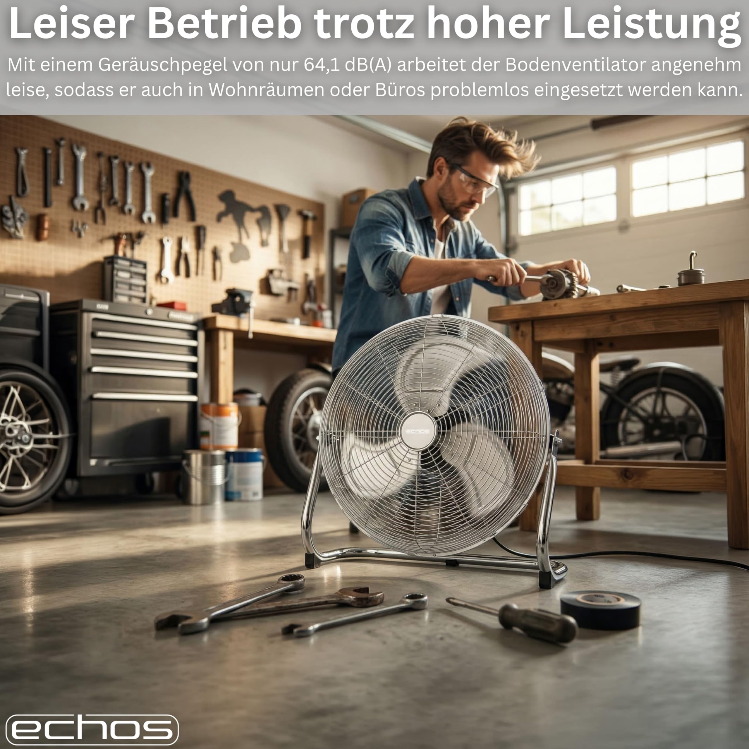 Echos® Bodenventilator Metall 46 cm – 100W Hochleistungs Ventilator leise, 3 Stufen, 90° neigbar, Industrie Ventilator mit starkem Luftstrom 102 m³/min, Standventilator für Werkstatt, Büro & Zuhause