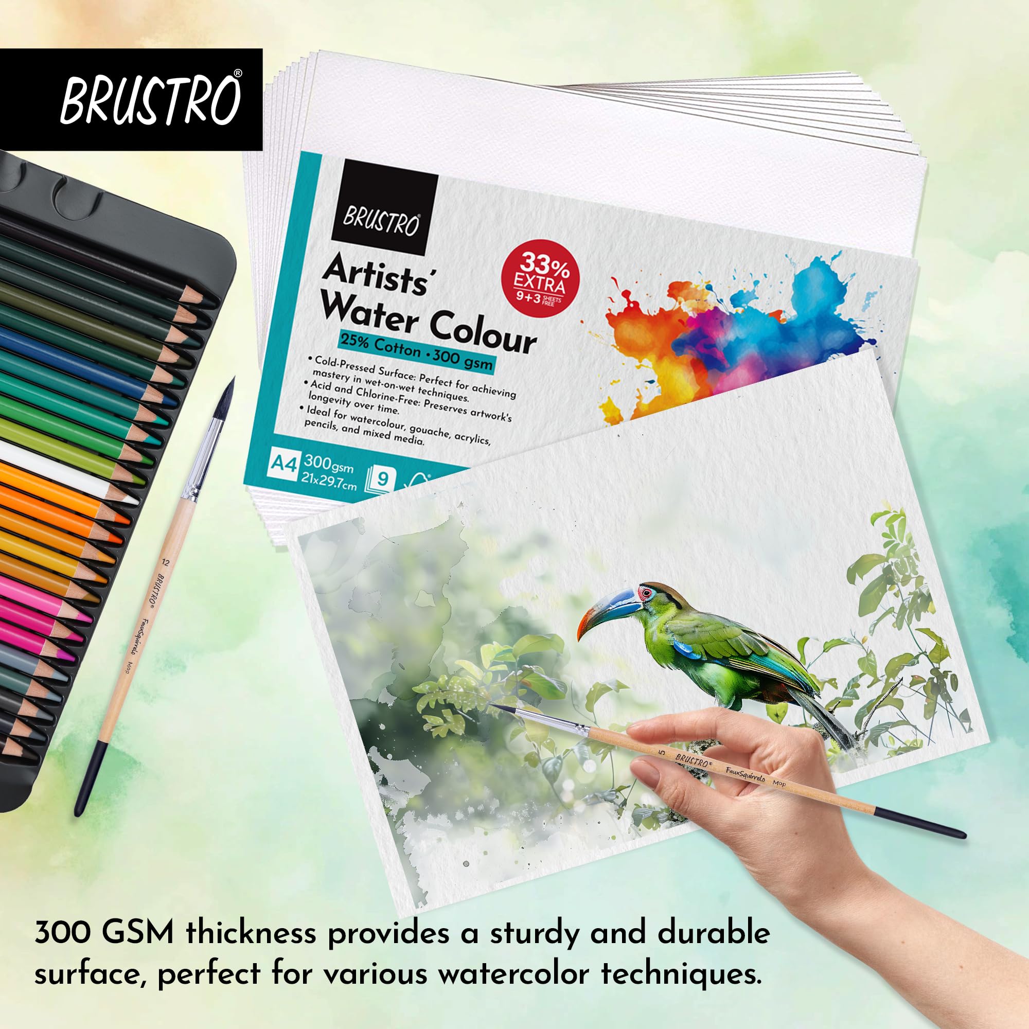 BRUSTRO Artists 25% Cotton Watercolour Paper| 300 GSM,Size A4, Cold Pressed | Pack of 12 Sheets | Ideal for Artist, Professional Drawing, Painting Dry & Wet, Fine Arts Students — Amazon image 4
