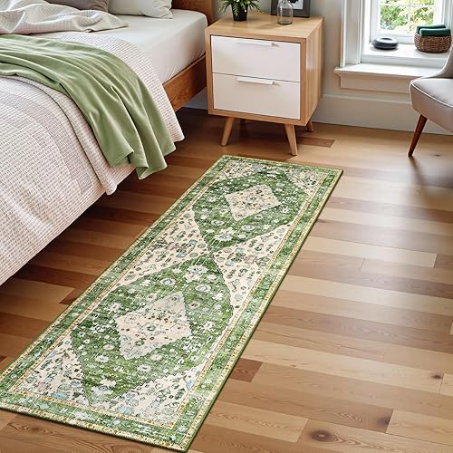 Miniatura 543 de Lahome Tapete tribal bohemio, pequeño, suave, antideslizante, lavable, de pelo corto, para piso en puerta, interior, entrada, baño, silla, Verde