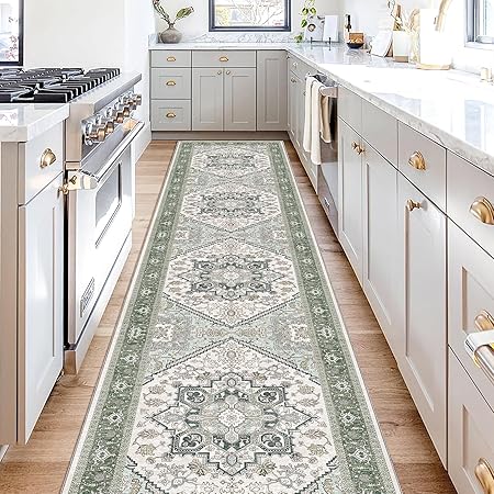 OPPODREAM Soft Entryway Rug 2x10, 2x10 Rug Runner, Washable Hallways Carpet 2 x 10 with Non Slip Backing, Low-Pile Bedside Carpet 2 x 10, Long, Faux Cashmere, Green