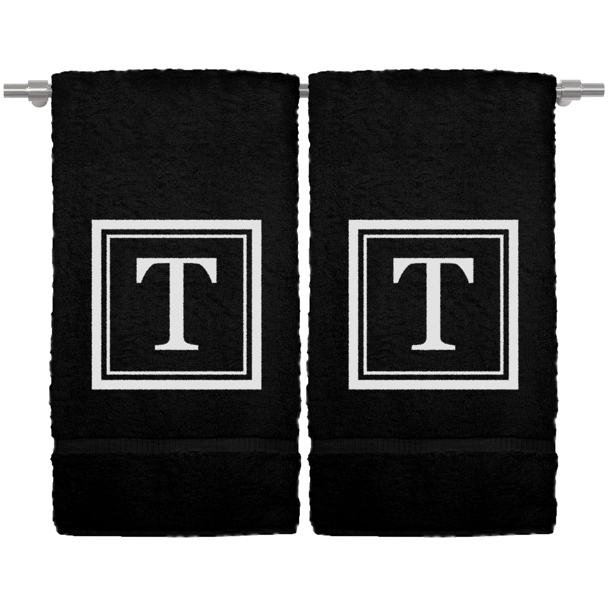 Monogrammed Hand Towel, 16 x 30 Inches Set of 2, Personalized Gift- White Letter Embroidered with Square Design on Black Towel - Extra Absorbent - 100% Turkish Cotton - Soft Terry Finish - Initial T