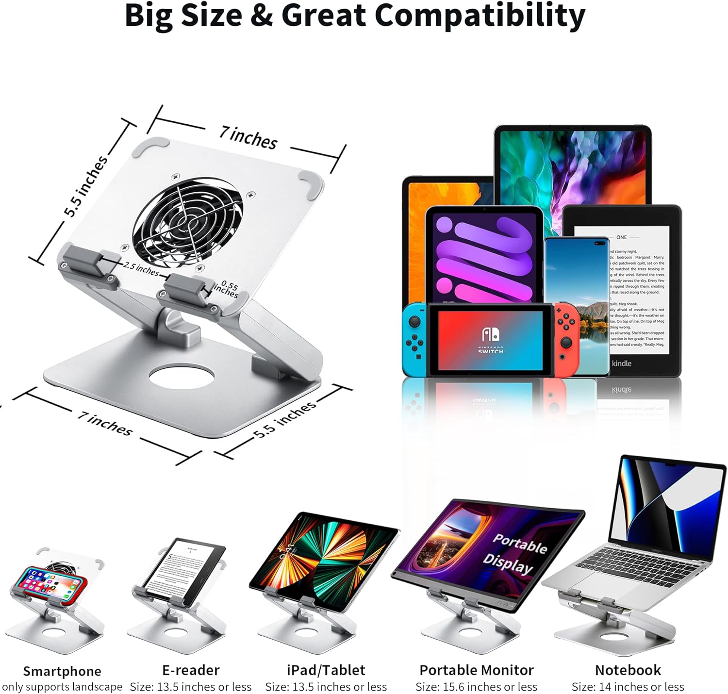 TACOMEGE Heavy Sturdy Aluminum Writing Drawing Stand Tablet Riser(with Cooling Fan) for iPad, Samsung Tab, Surface Pro, Foldable Portable Monitor