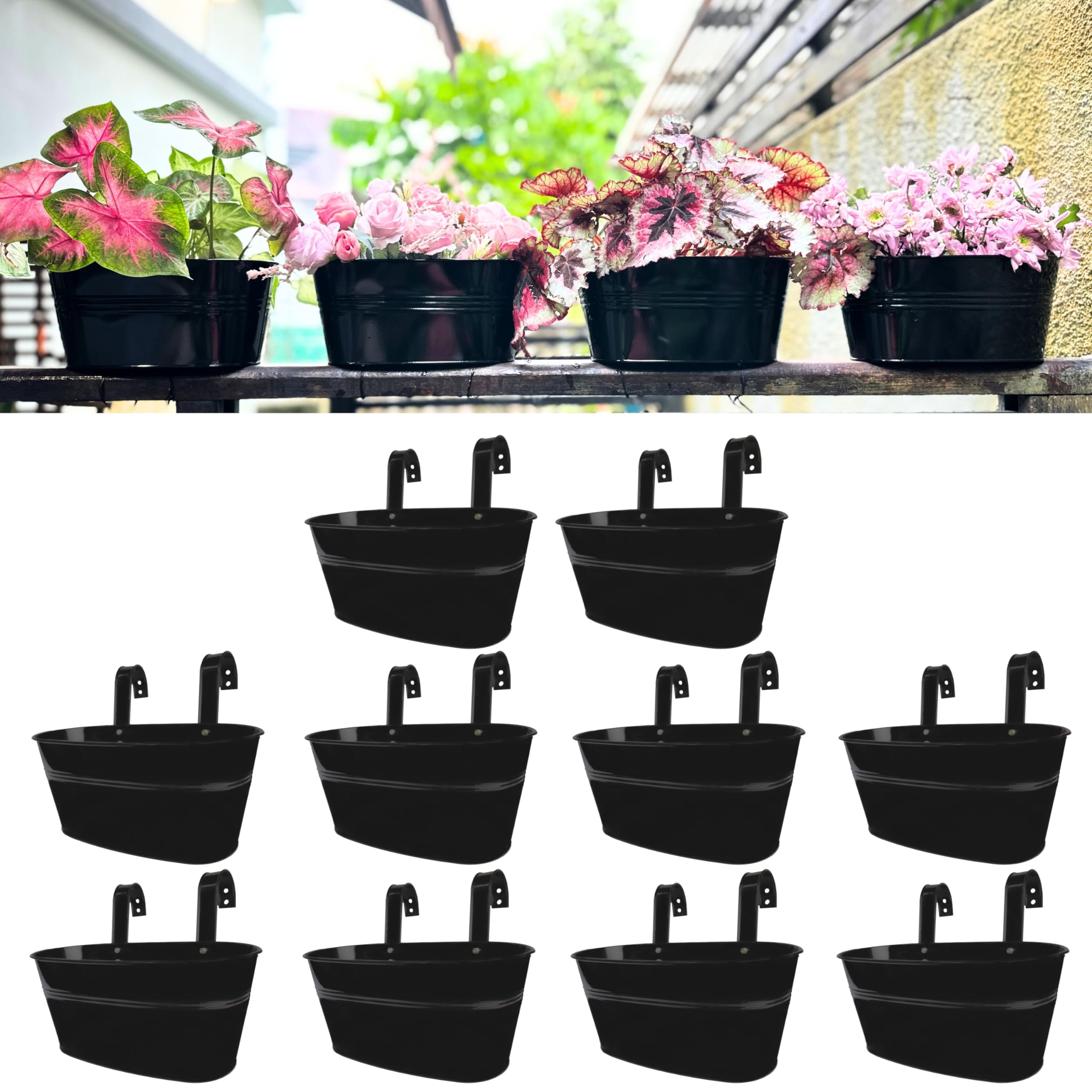LaLaGreen Rail Planter Outdoor Plants(10 Pack, 11.8 Inch) Black Metal Iron Hanging Flower Pots Deck Railings Fence Buckets Modern Countryside Boho Style Wall Mount Window Box Plant Holder Porch Decor