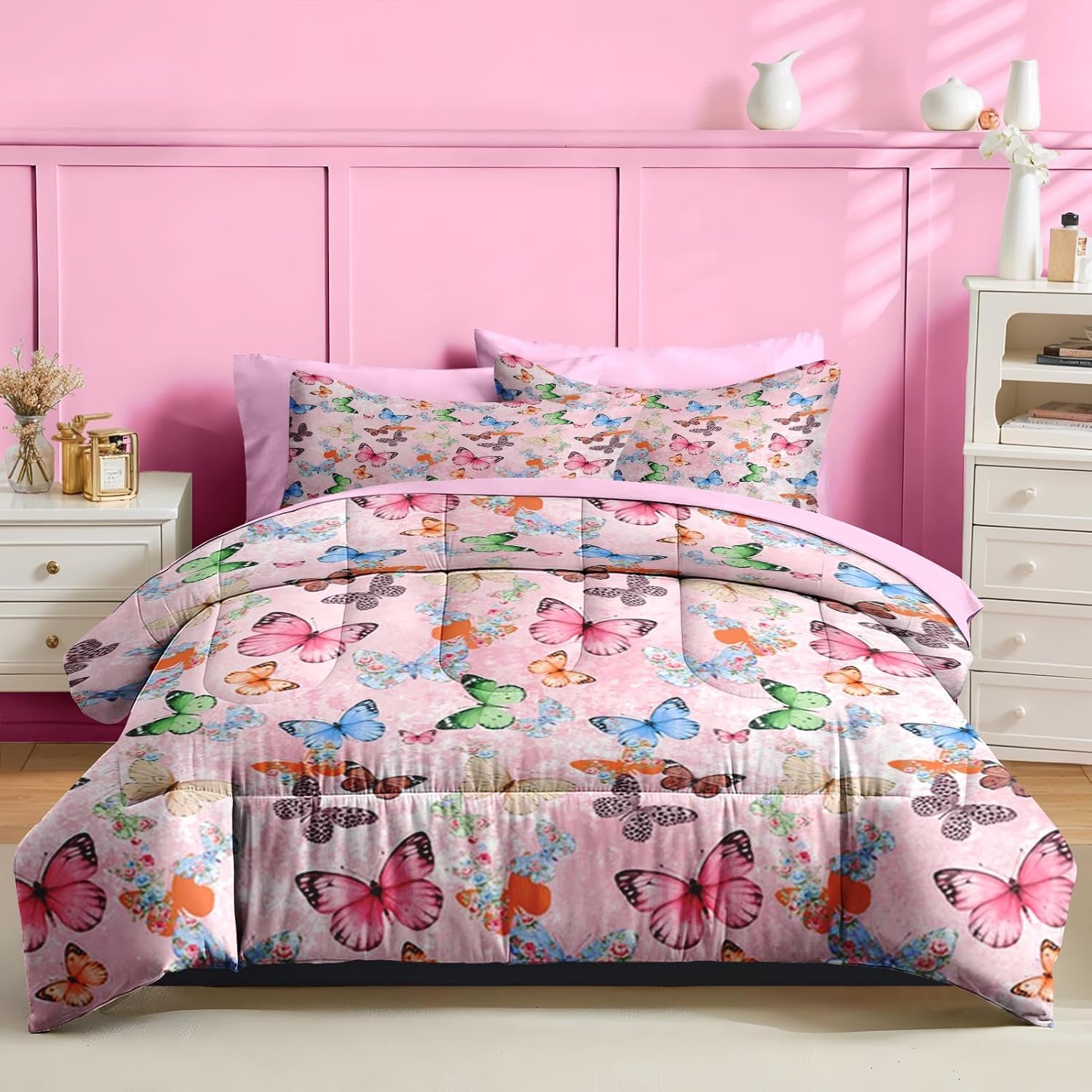 Nesker 7 Pcs Comforter Set Queen Size, Colorful Butterfly Bedding for Kids Teen, Cute Butterflies with Fitted Sheet 2 Pillowcases & 2 Shams for Bedroom Bed Decor - Image 2