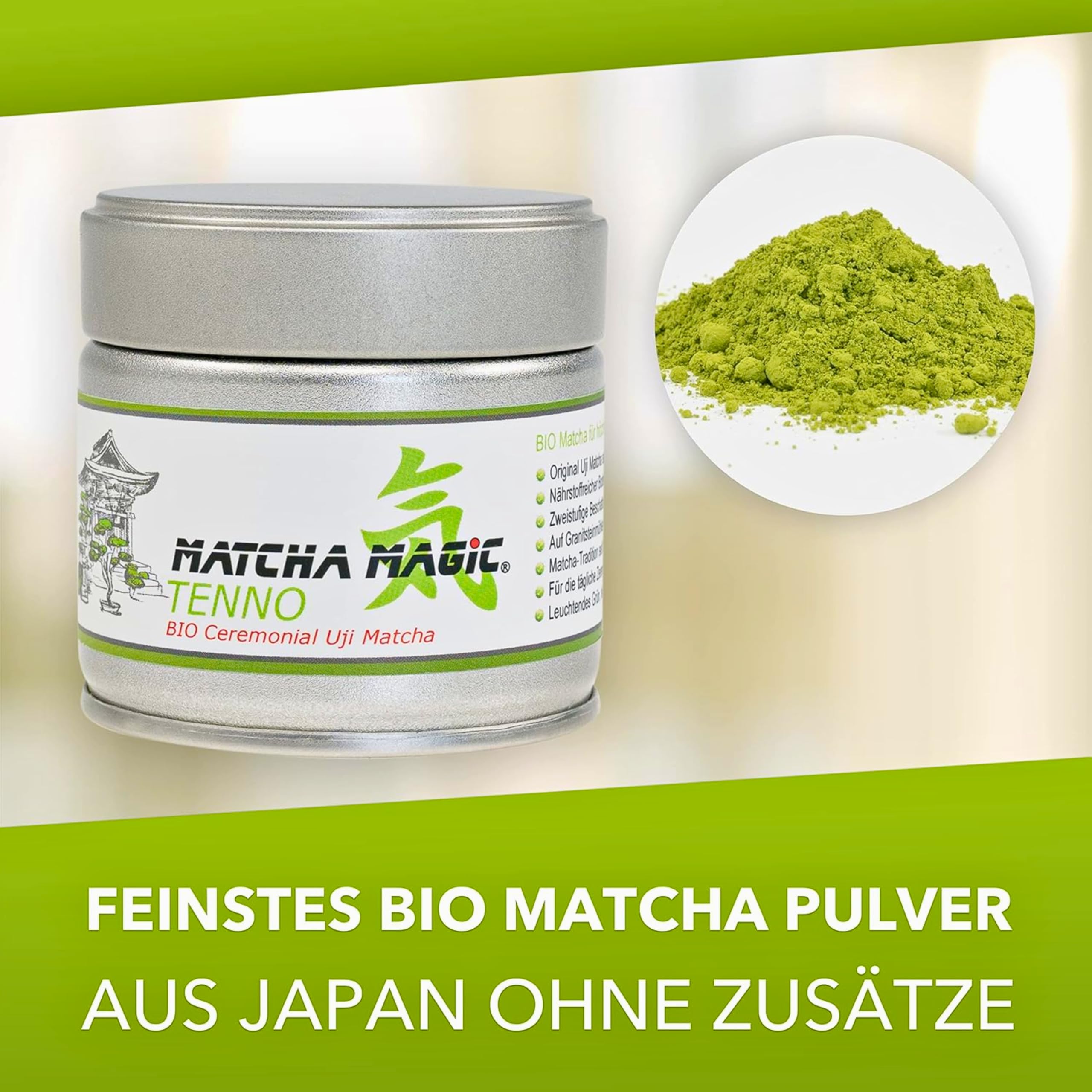 MatchaMagic Tenno Bio Matcha Pulver 30 g - Single Origin Matcha aus Japan | Grüner Tee, Ceremonial Grade, Matcha Tee, für Tee-Zeremonie, traditionelle Herstellung, handgepflückt, Premium Matcha Tee