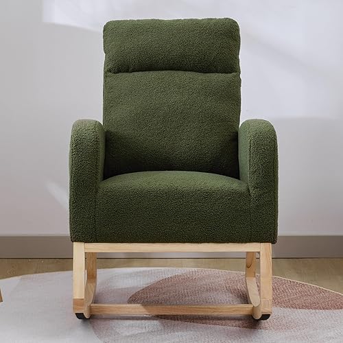 Miniatura 9 de Krinana Mecedora para guardería con patas de madera maciza, silla deslizante para guardería con dos bolsillos laterales, sillón mecedor para sala de