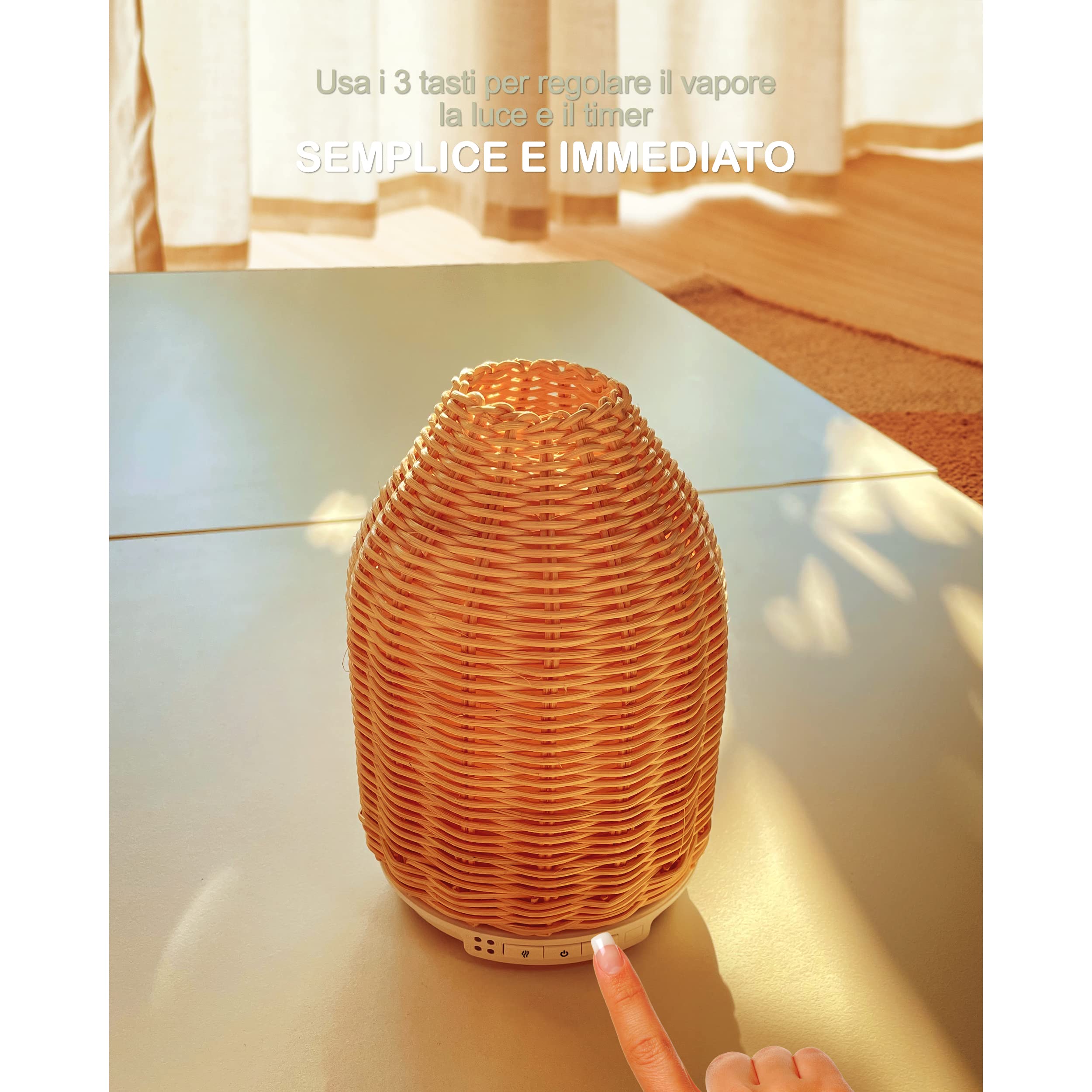 Umidificatore Ambiente Bambini,Rattan di Bambù Diffusore di Oli Essenziali,Umidificatore Ultrasuoni Auto Spegnimento,Super Silenzioso,LED 7 Colori,Notturna Per Camera da Letto, Ufficio-SODY