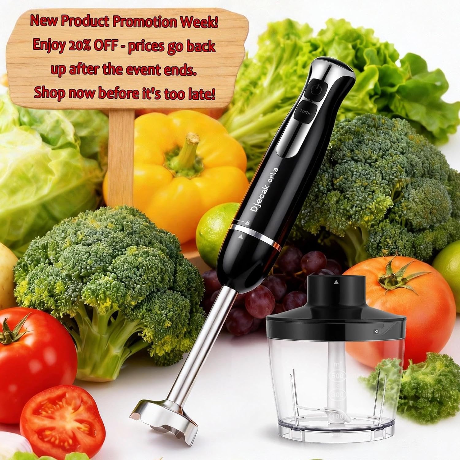 Upgraded 1100W 5-in-1 Immersion Hand Blender – 20 Variable Speeds, Up to 15,500 RPM, Handheld with Milk Frother & Food Processor, Black