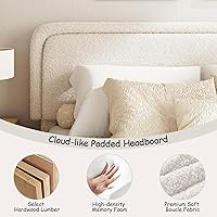 Vista 3 de Base de cama Boucle de tamaño Queen, plataforma tapizada con cabecera ajustable en altura y esquinas redondeadas suaves, sin ruido, fácil montaje