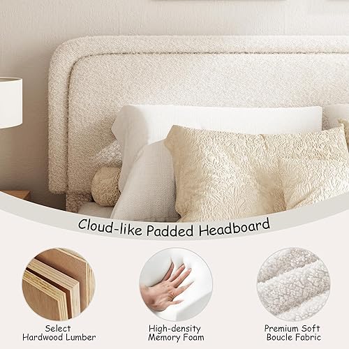 Miniatura 3 de Base de cama Boucle de tamaño Queen, plataforma tapizada con cabecera ajustable en altura y esquinas redondeadas suaves, sin ruido, fácil montaje,