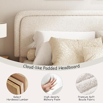 Queen Size Boucle Bed Frame, Upholstered Platform Bed with Height Adjustable Headboard & Soft Rounded Corners, Noise Free, Easy Assembly, No Box Spring Needed, Beige