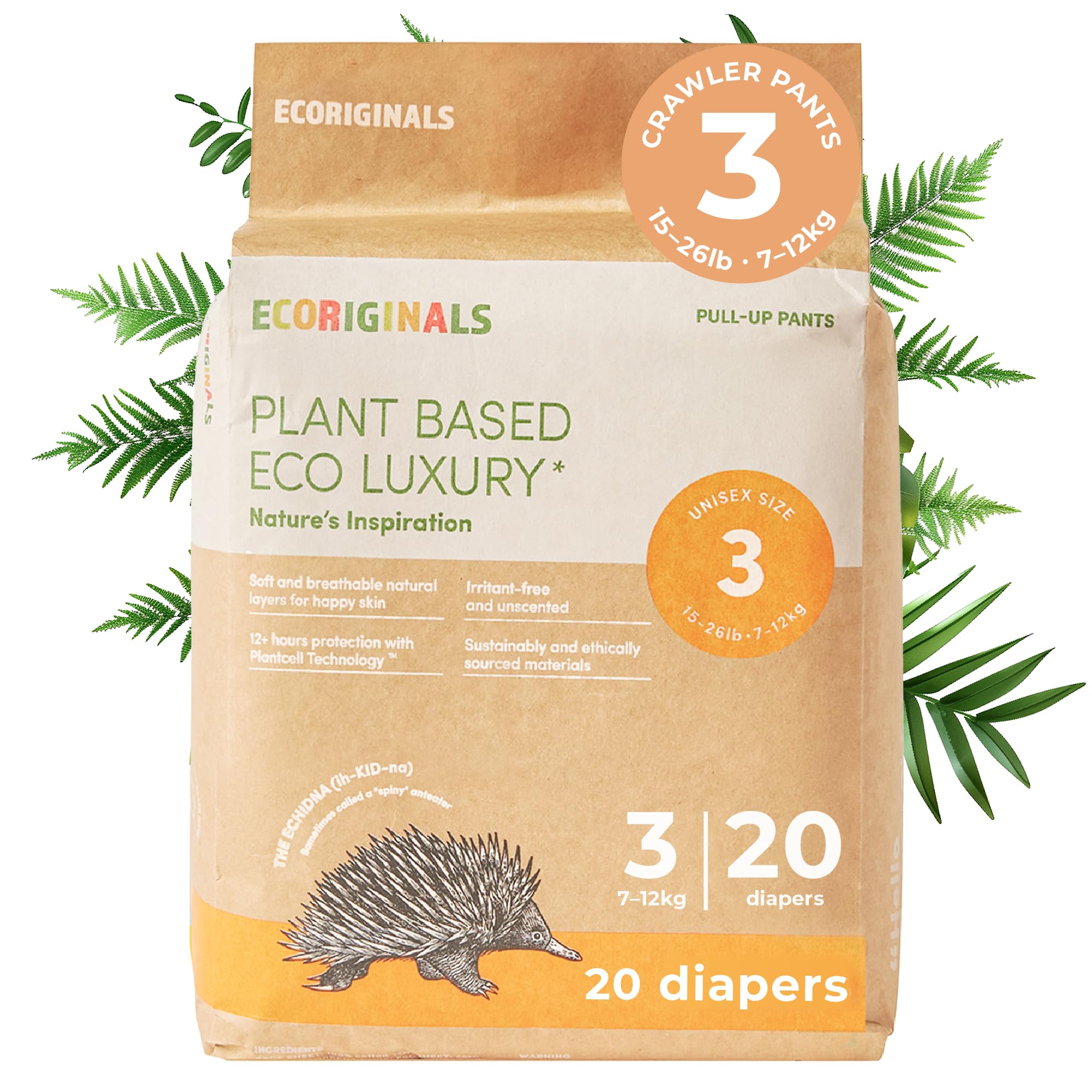 20 Eco Crawler Pull Up - Nappy Pants with 100% Plant-Based Layers, Disposable Pull Ups & Hypoallergenic Baby Essentials for Babies - Secure Fit Size 3 Baby Nappies (7-12Kg), 1 Pack
