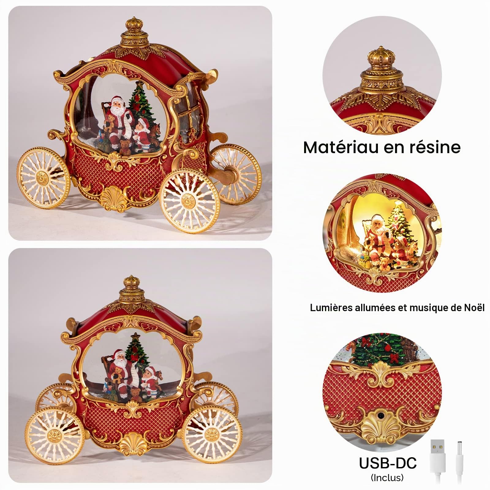 Boules à Neige de Noël, Boule à Neige en Forme de carrosse de Noël avec 8 musiques et minuterie, alimentée par Piles ou câble USB, Scintillantes pour décoration de Table de Noël, Père Noël, Sapin de