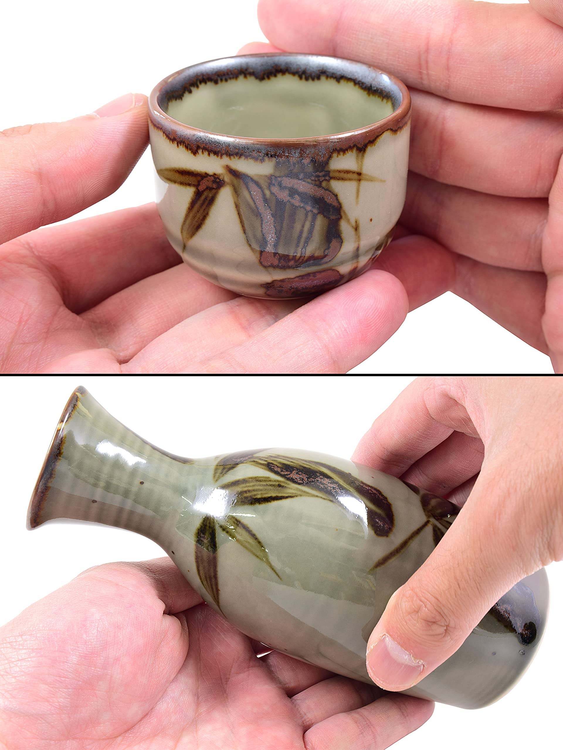 Mino Ware Traditional Japanese Sake Set, Tokkuri Bottle and 4 Ochoko Cups, Green Mashikodake