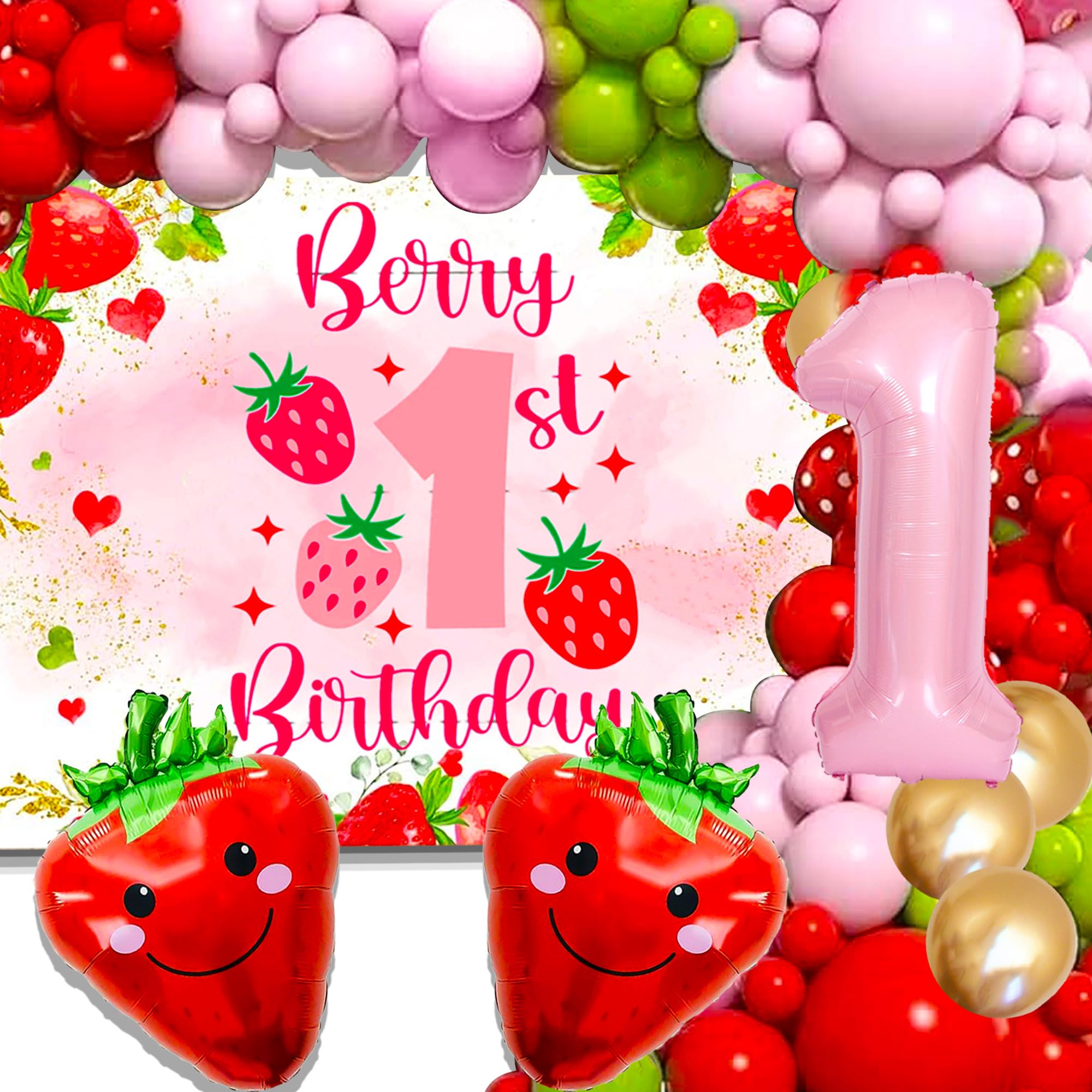 JeVenis Berry First Birthday Decor Strawberry 1st Birthday Decorations for Girls Strawberry Party Backdrop Berry Sweet One Party Balloons for Girl 1st
