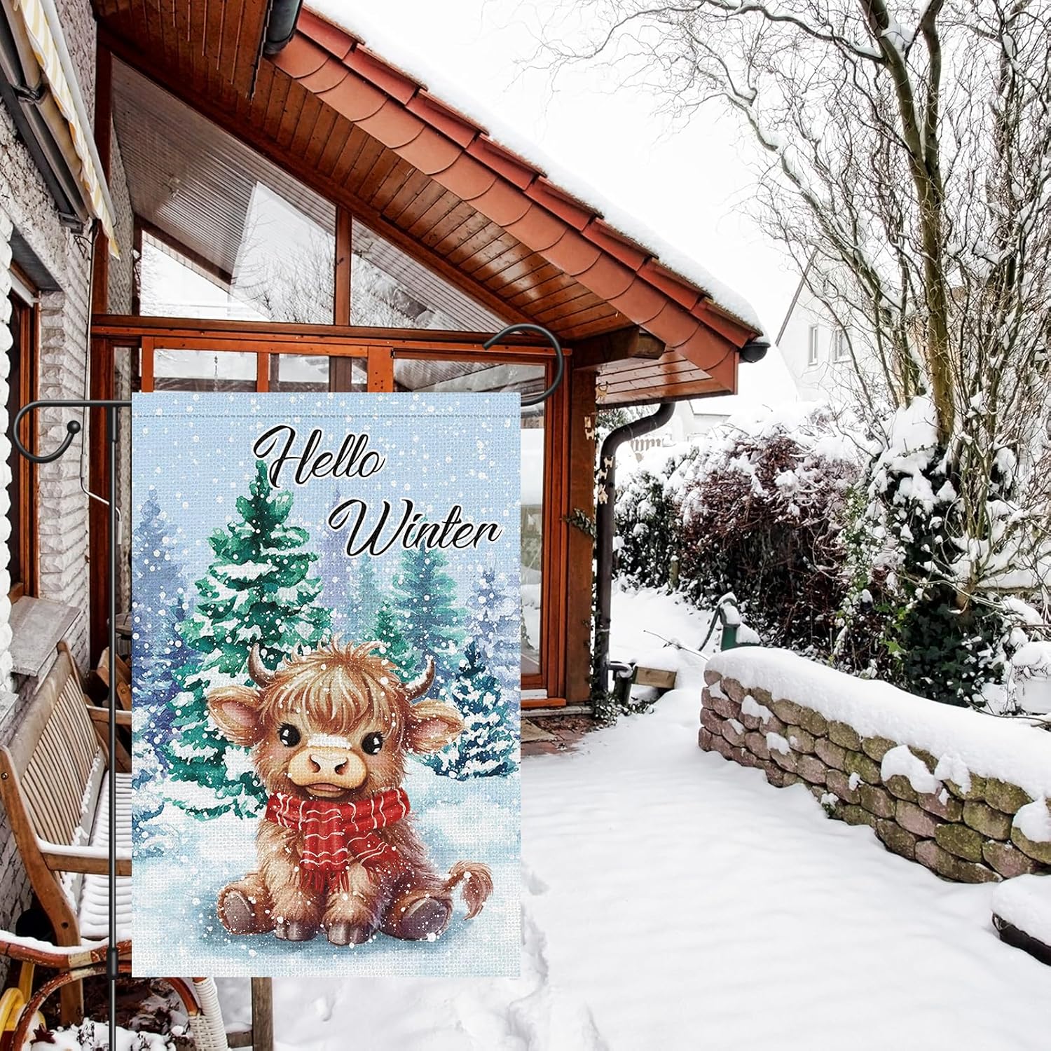 Heyfibro Hello Winter Highland Cow Garden Flag 12x18 Inch Double Sided Burlap Snow Tree Yard Flags for Seasonal Christmas Outside Outdoor Decoration (ONLY FLAG) - Image 2