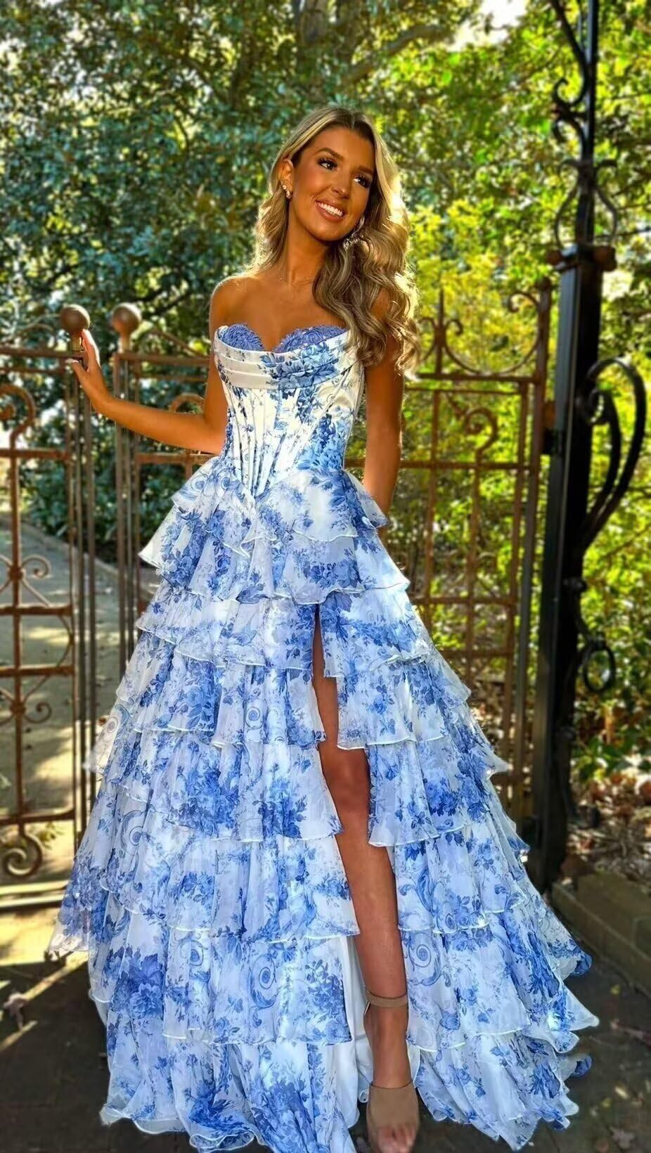 Abito da ballo da donna floreale in chiffon a più livelli con scollo a cuore abito da ballo corsetto vita impero abiti da sera formali 3222