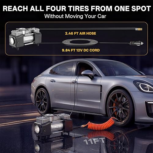 Miniatura 3 de YUNGTEE Inflador de neumáticos plateados, bomba de inflado de accionamiento directo de doble cilindro resistente, bomba de compresor de aire