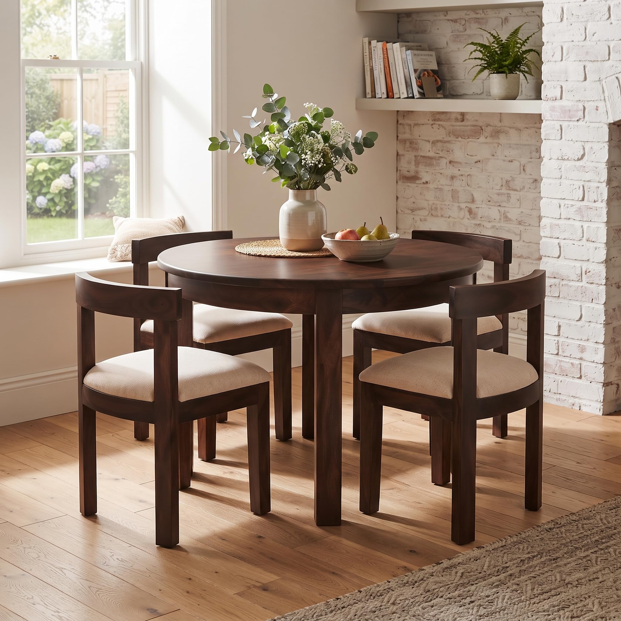 Solid Sheesham Wood 4 Seater Round Dining Table Set with 4 Cushioned Chairs, Walnut Finish Wooden Dining Table for Dining Room, Kitchen & Living Area, 48 Inch Diameter-image-42