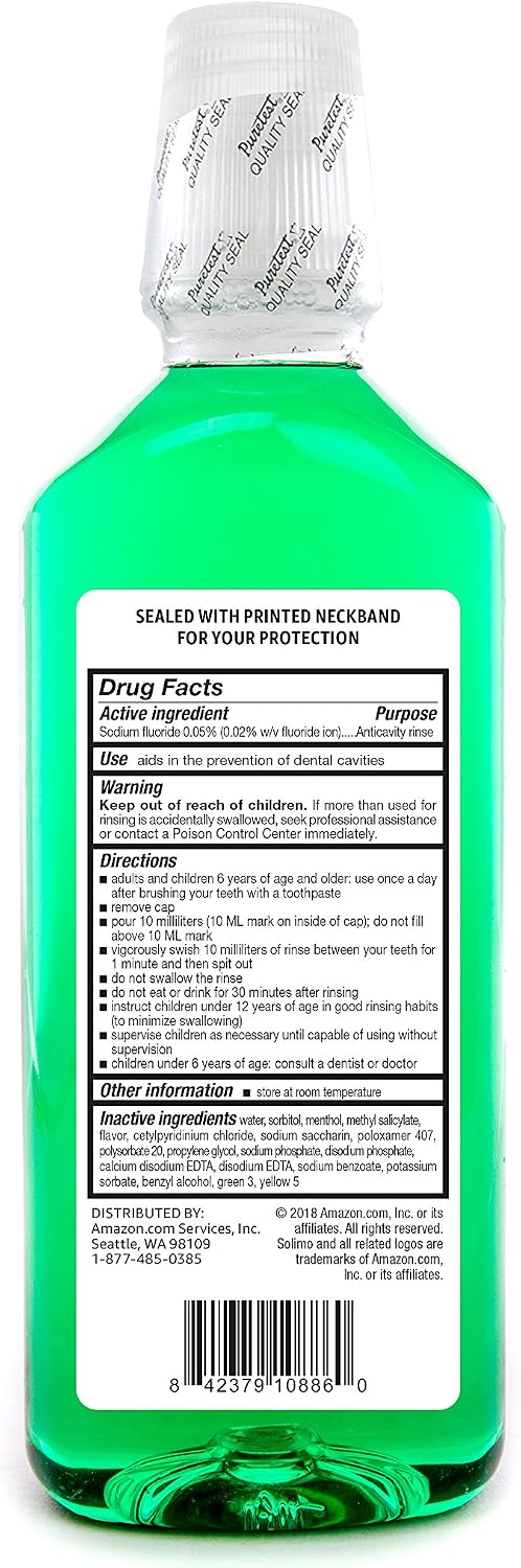 Amazon Brand - Solimo Anticavity Fluoride Rinse, Alcohol Free, Mint, 18 Fluid Ounces, Pack of 1