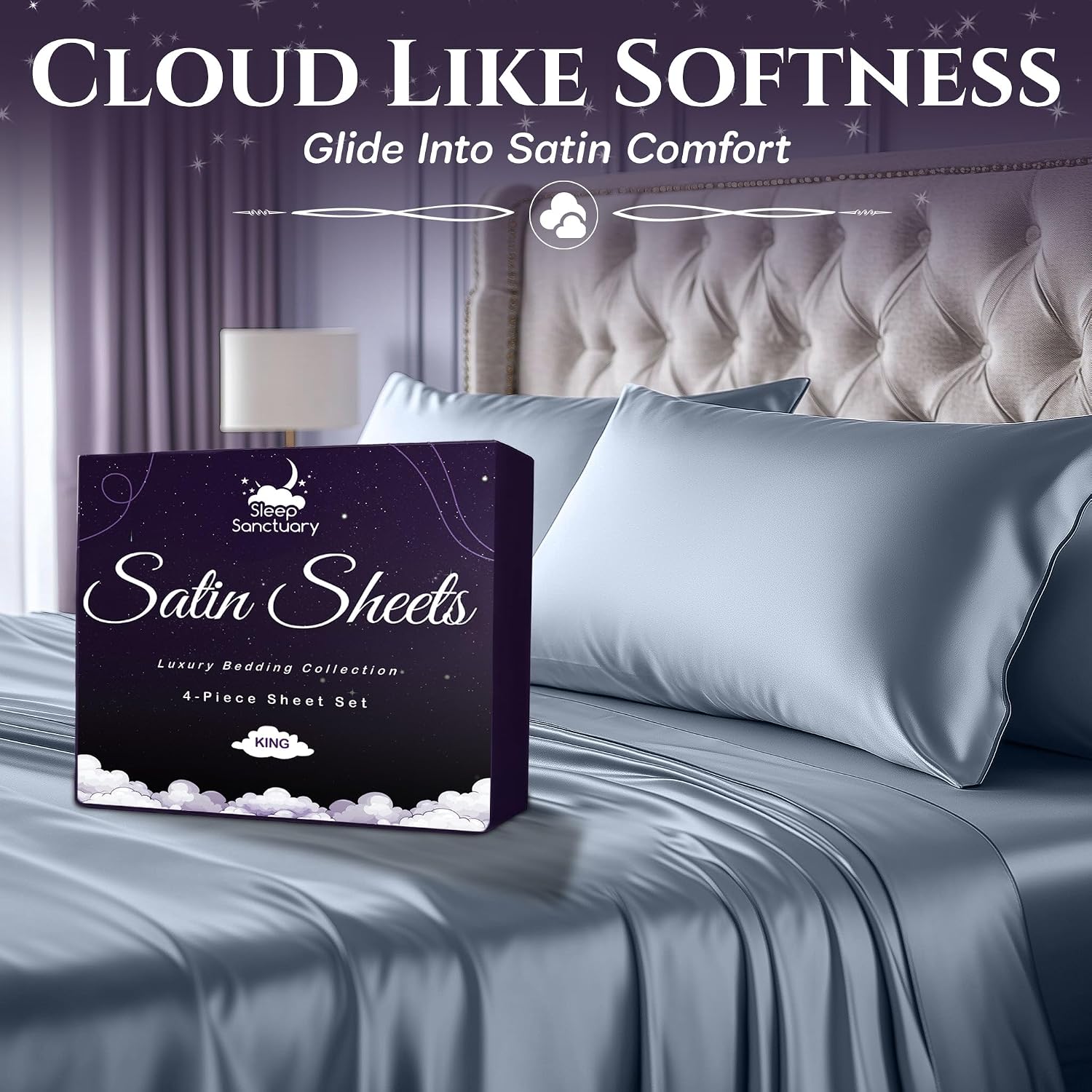 Condition photo showing New/Like New for sleep sanctuary satin sheets queen size – 4 piece luxury silky bed set, softer than silk, 15" deep pocket, cooling & wrinkle-free, moisture-wicking & breathable for hair & skin (baby blue) baby blue queen