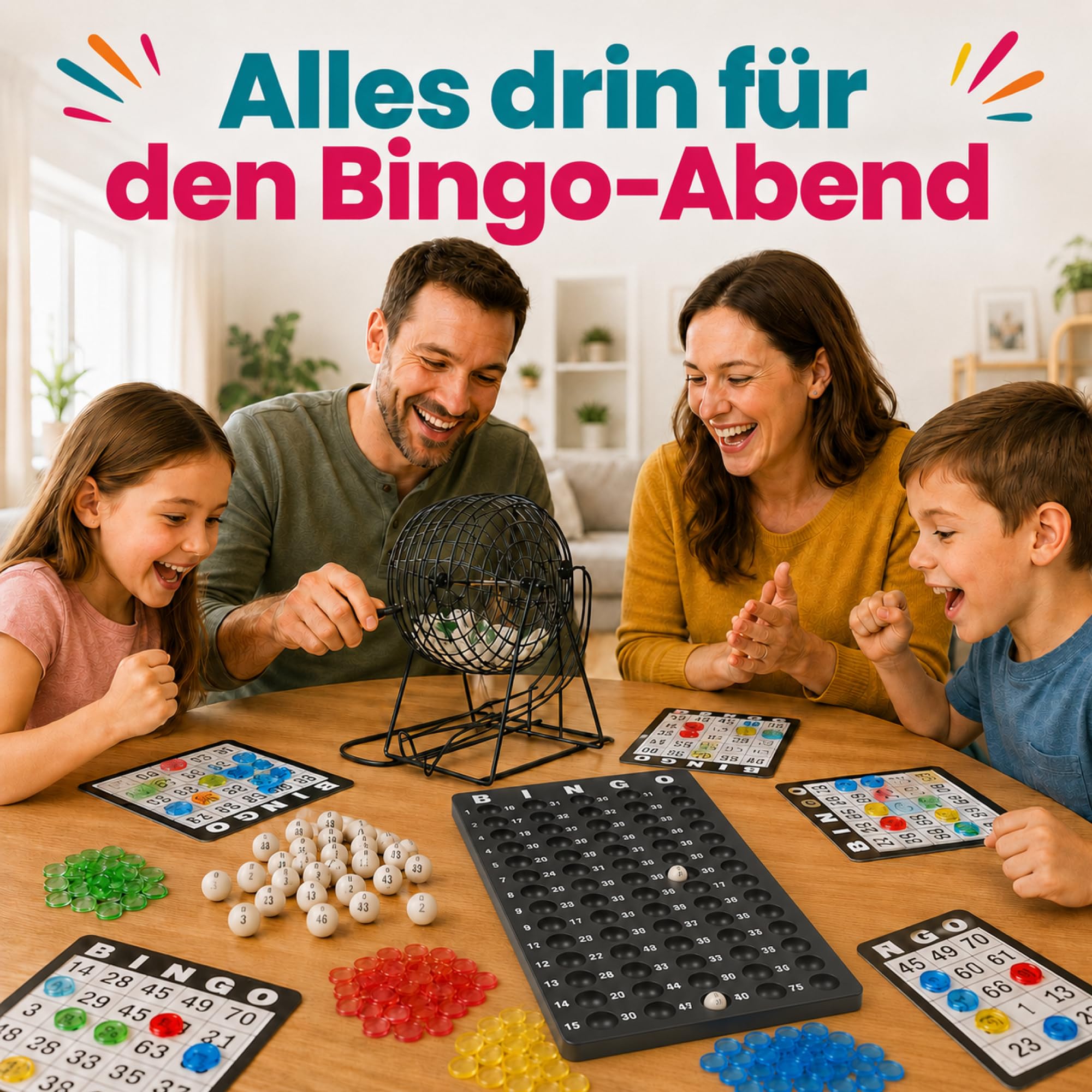 Kyto Bingo Spiel Metalltrommel 18 Bingotickets 75 Bingo Kugeln 150 Chips Spielbrett schwarz Erwachsene Kinder Basic (2026)