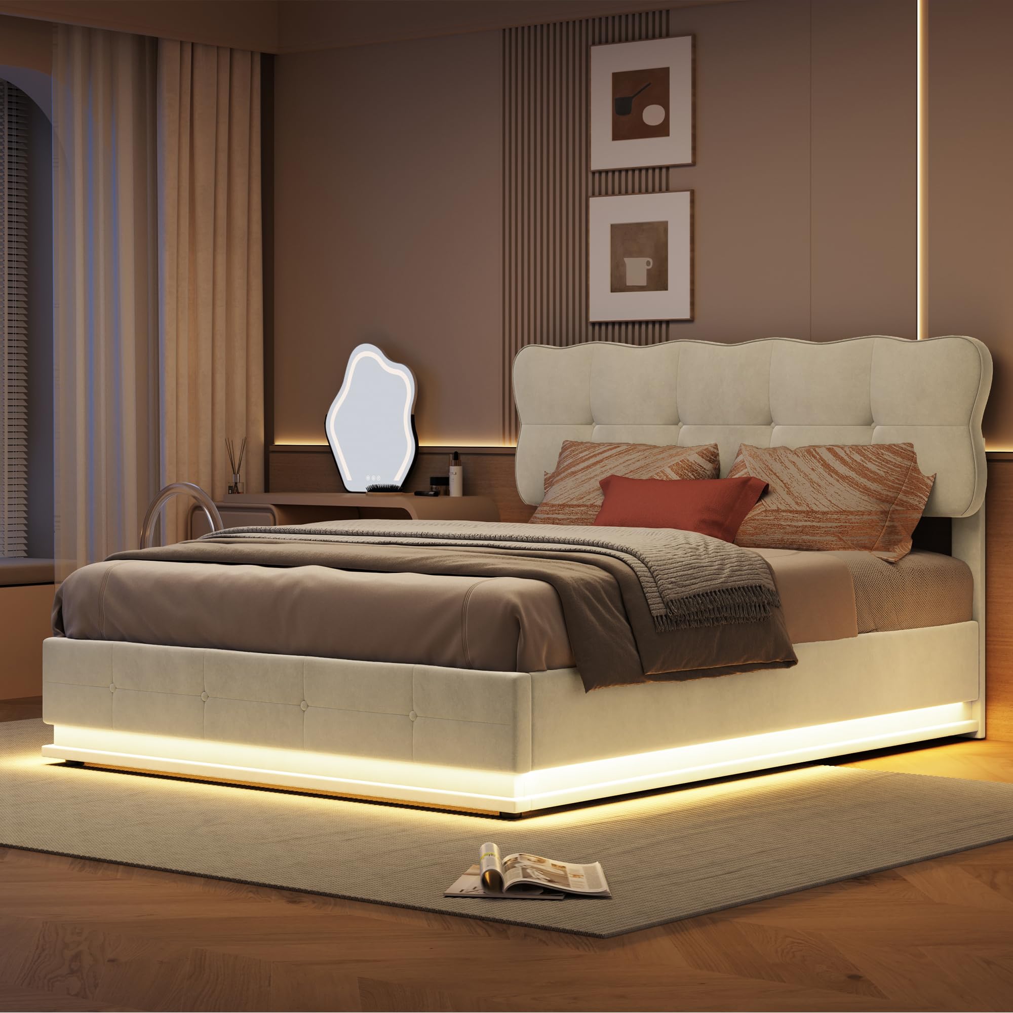 Lit Double Coffre Avec éclairage LED Intégré - 160x200 Cm, Velours Beige, Sommier à Lattes Et Rangement | Lit Moderne Pour Adulte Et Adolescent