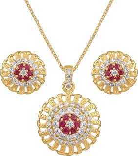 The DayShop Enterprise Gold-Toned CZ Pendant Necklace and Stud Earrings Set for Women | Sparkling Cubic Zirconia & Ruby-Lo... Price In India