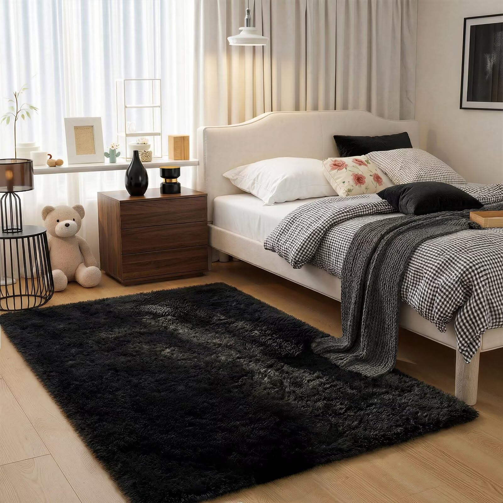 junovo 3x5 Black Washable Area Rug for Boys Bedroom, Soft Non-Slip Fluffy Bedside Rugs, Shag Plush Memory Foam Carpet for Kids Room Baby Nursery Home