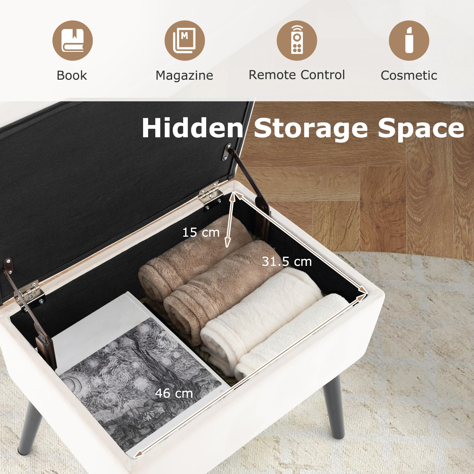 HOMASIS Puff Almacenaje, Baúl de Almacenaje Rectangular, con Asiento Acolchado Abatible, Taburete de Tocador de Terciopelo con Patas de Madera para Salón Dormitorio (Beige)