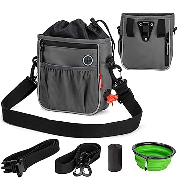 BABEYER Dog Treat Pouch Pet Training Bag, Treat Tote Carry Kibble Snacks Toys for Training Reward Walking-Grey