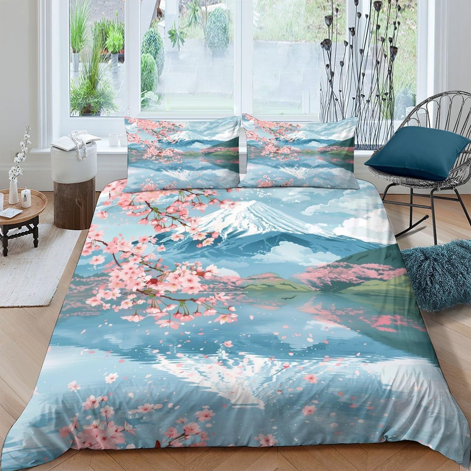 Ctjqhvkz Style-9 3D Printed Sakura Mountain Fitted Sheet Microfiber Soft Blue Landscape Mattress Cover Bedroom Decor Washable Single（135X200cm）