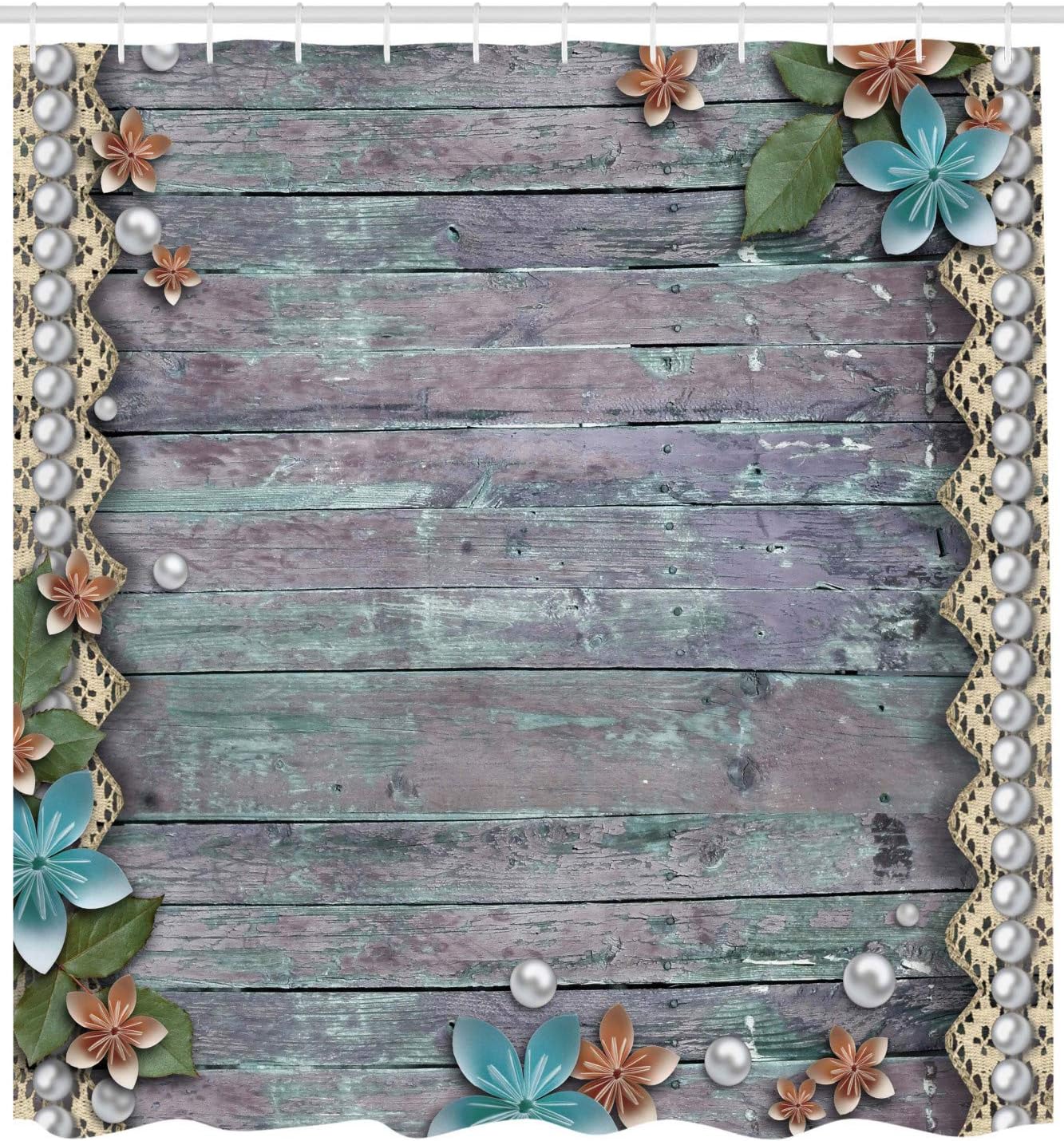 Ambesonne Pearls Shower Curtain, Floral Rustic Designed Pearls and Lace Like Design Flowers Wooden Background Print, Cloth Fabric Bathroom Decor Set with Hooks, 69" W x 84" L, Brown Blue