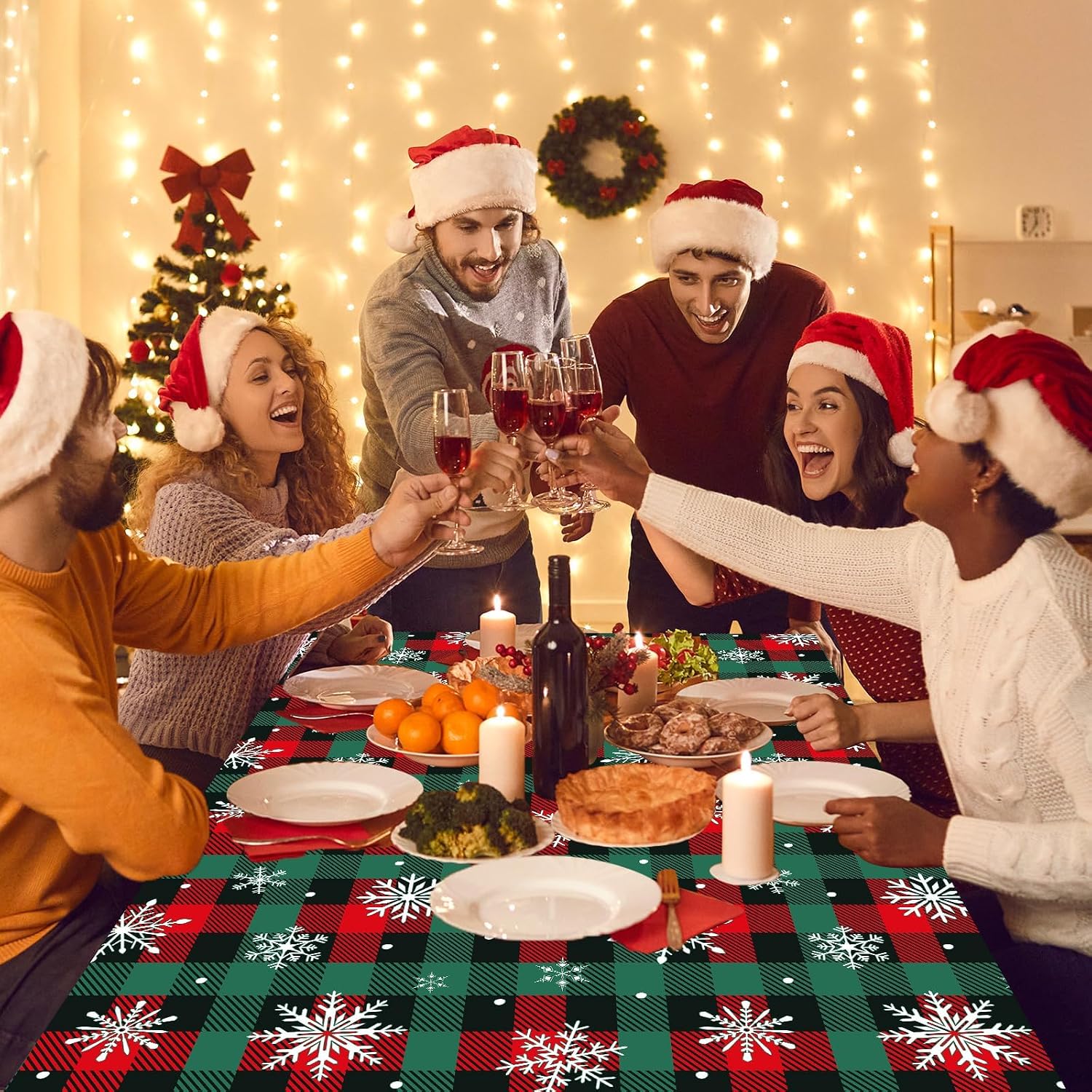 Christmas Buffalo Plaid Snowflake Tablecloth Roll with Cutter Box Disposable Red and Green Checkered Snowflake Plastic Table Cover for Winter Christmas Party Holiday Decor 100 Ft x 51 Inch