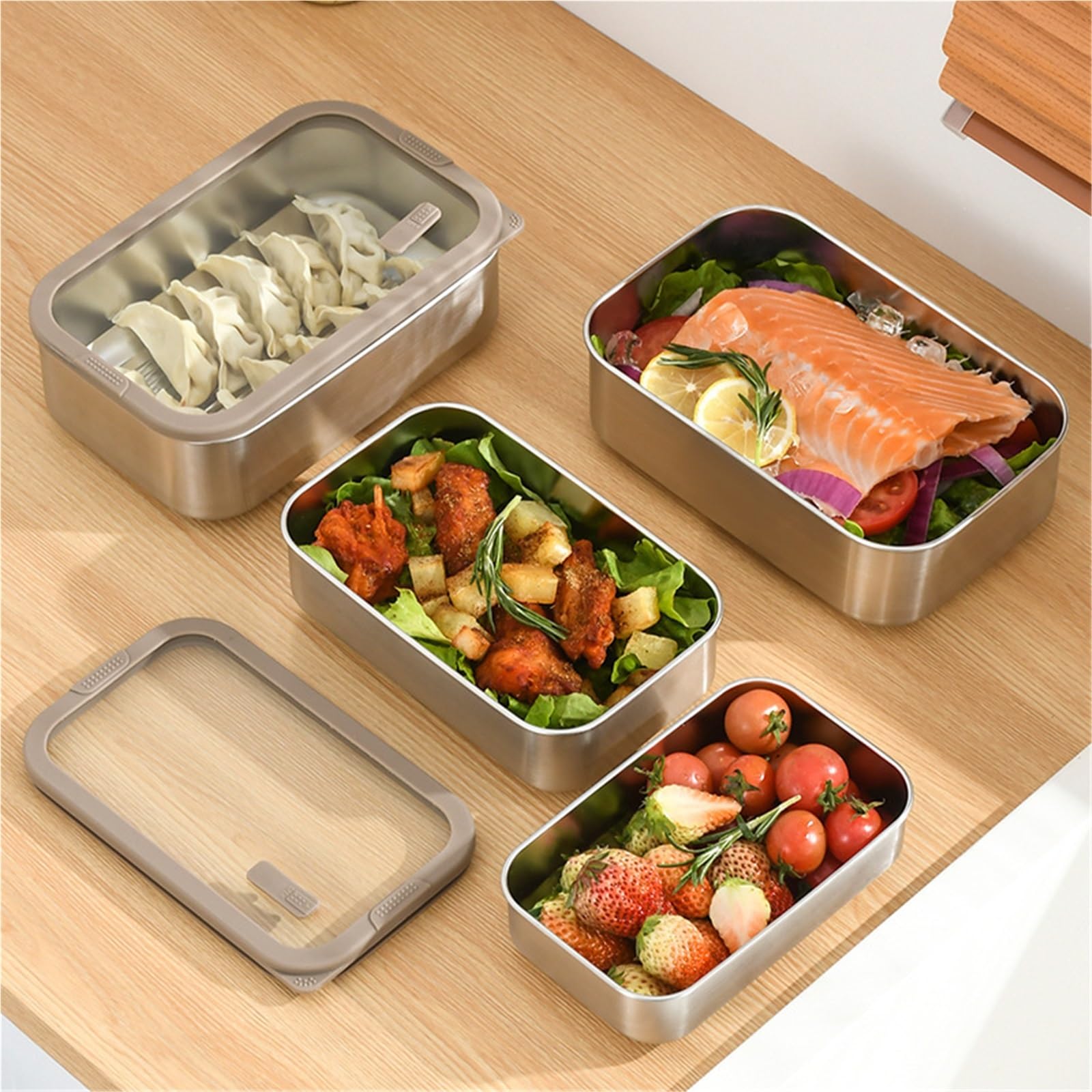 304 stalowy hermetyczny pojemnik na żywność ze szklaną pokrywką, szczelne pudełko Bento na lunch, owoce, posiłki, organizer na lodówkę, 700 ml