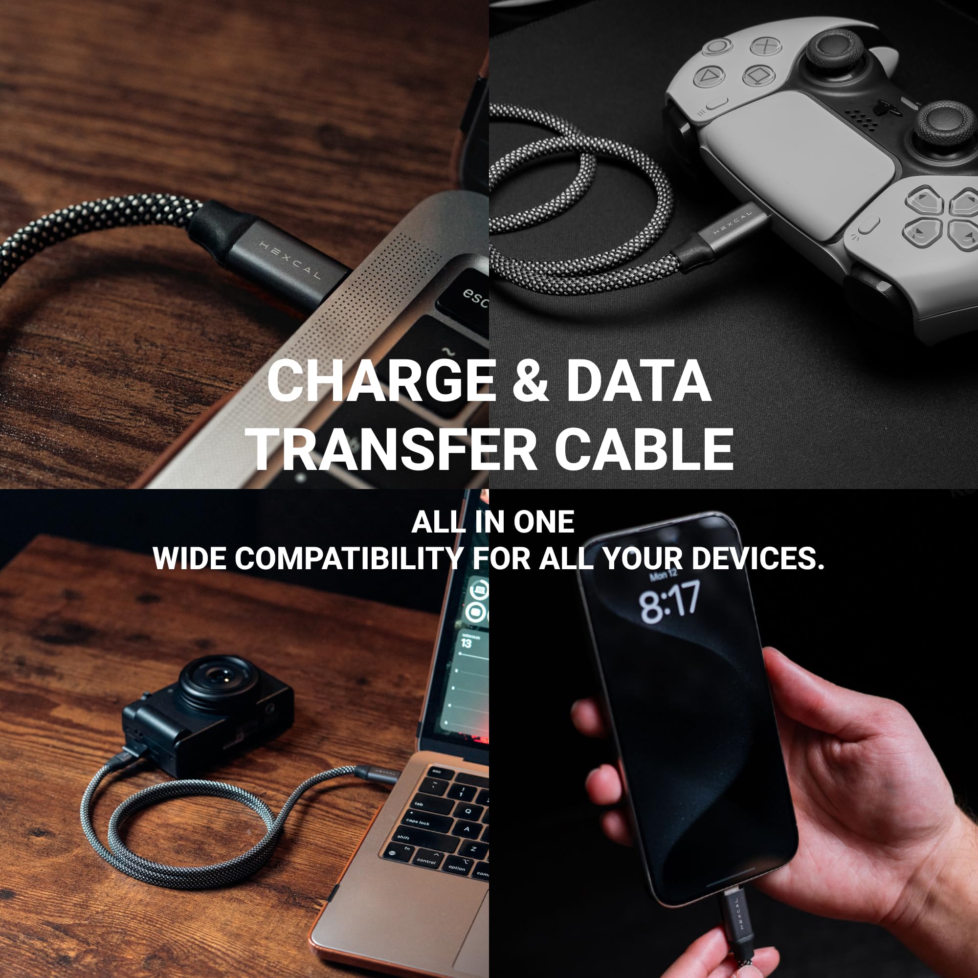 HEXCAL Cable de carga magnético, cargador de 240 W USB-C a USB-C autoenrollable, transferencia de datos de 480 Mbps sin enredos, cable trenzado de 1 m para MacBook Pro, iPhone 16/15, iPad y Galaxy