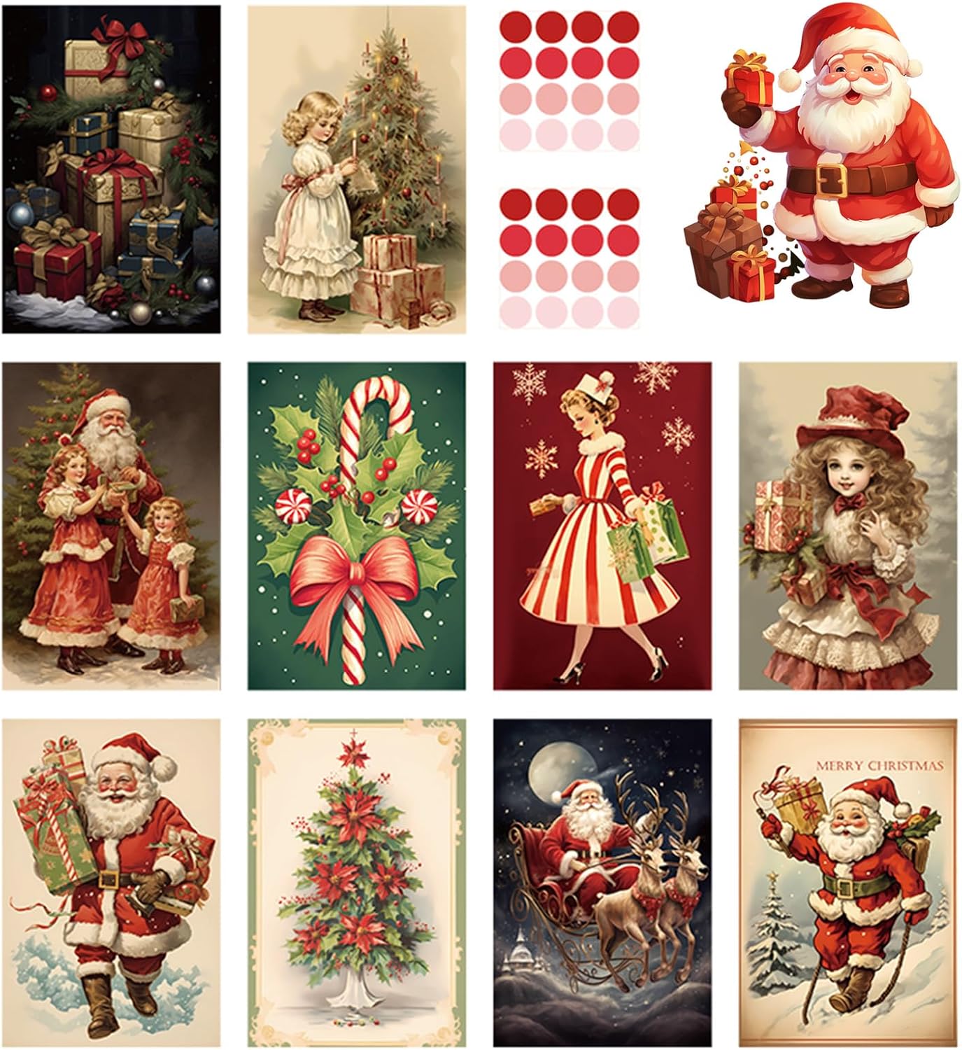 30 Pcs Vintage Christmas Cards, Xmas Cards with Stickers, Santa Claus Retro HolidayCards, Blank Christmas Postcards Greetings for Friends and Family, New Year Gift Giving, 4 X 6 Inch